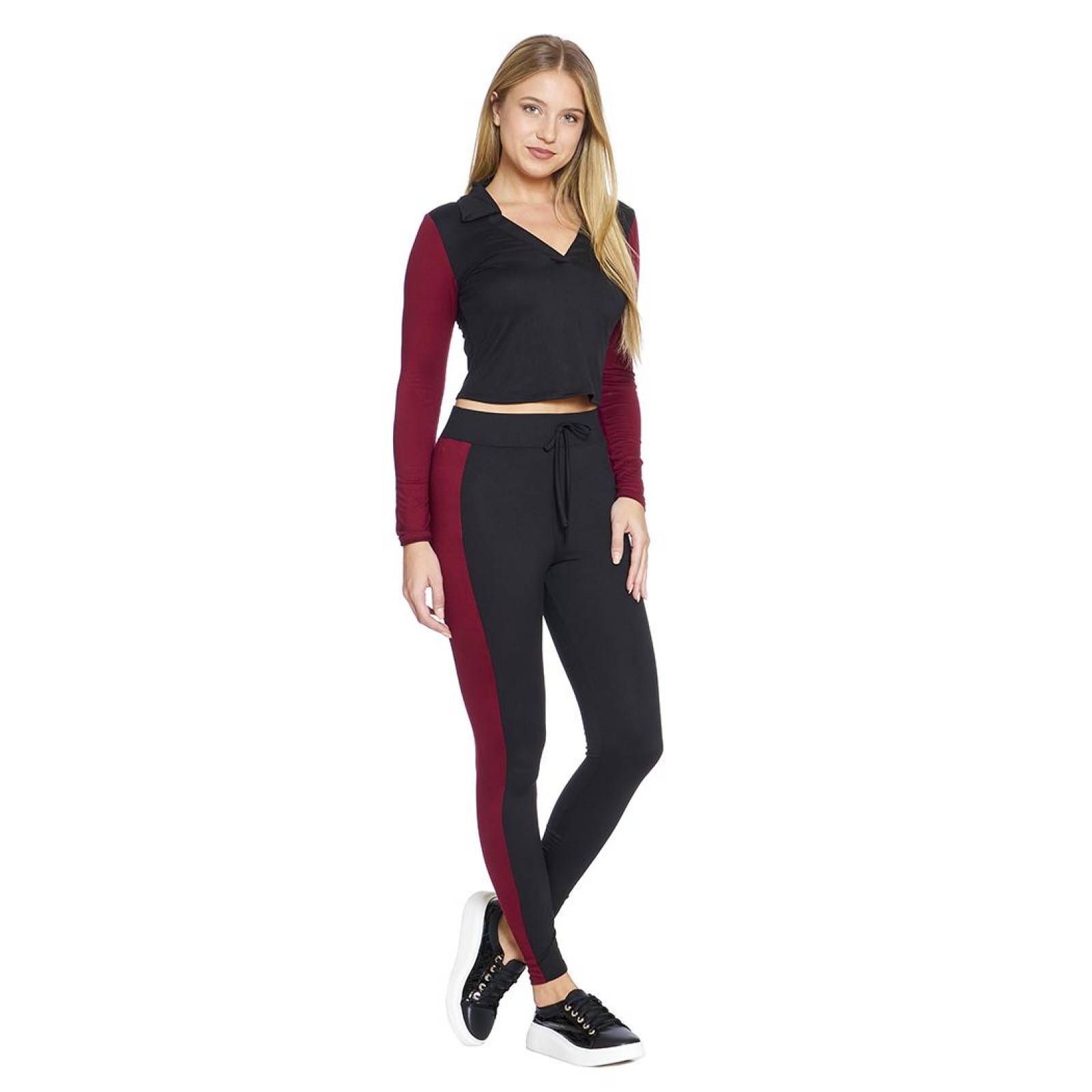 Conjunto Deportivo Mujer 2 Piezas Pantalón Leggins Bicolor Negro Vino Sudadera Manga Larga 