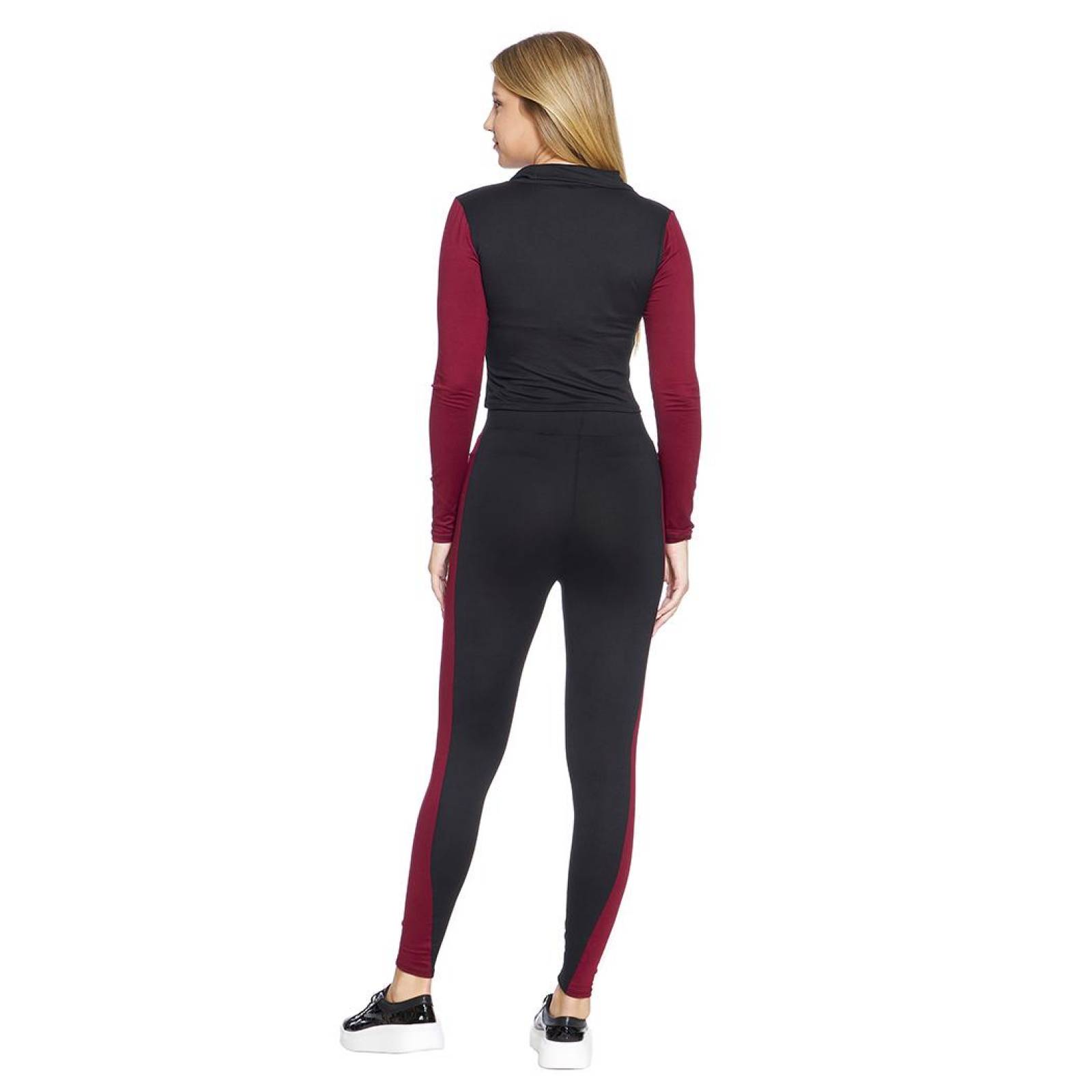 Conjunto Deportivo Mujer 2 Piezas Pantalón Leggins Bicolor Negro Vino Sudadera Manga Larga 