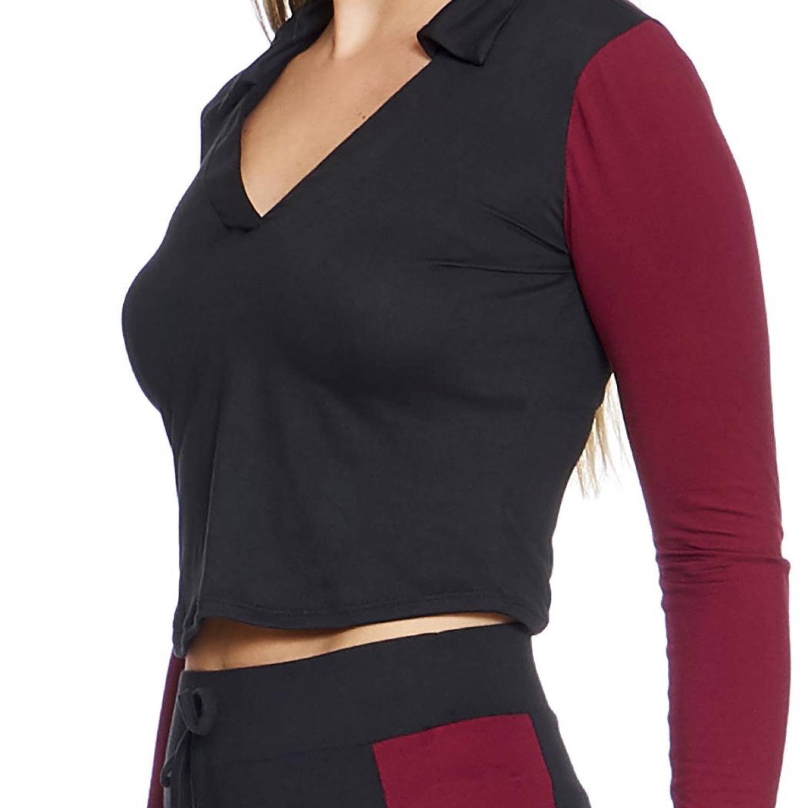 Conjunto Deportivo Mujer 2 Piezas Pantalón Leggins Bicolor Negro Vino Sudadera Manga Larga 