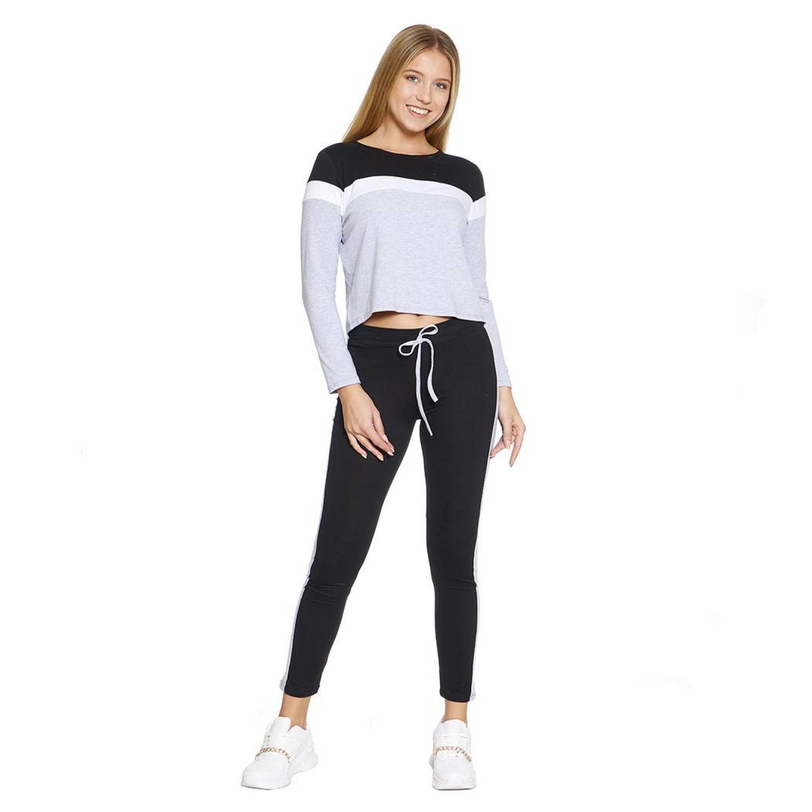 Conjunto Deportivo Mujer 2 Piezas Pantalón Leggins a Rayas Sudadera Manga Larga Entrenamiento 360080