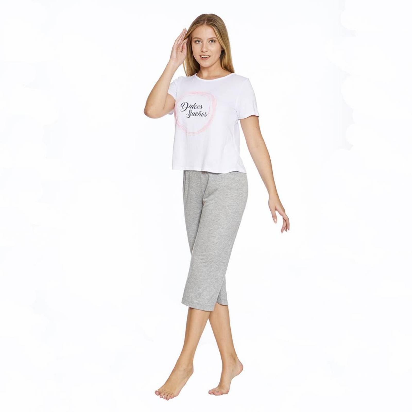 Conjunto Pantalón Pijama largo Blusa Manga Corta Suave Blanco Gris Mujer Cómoda Casual Para Dormir 6 