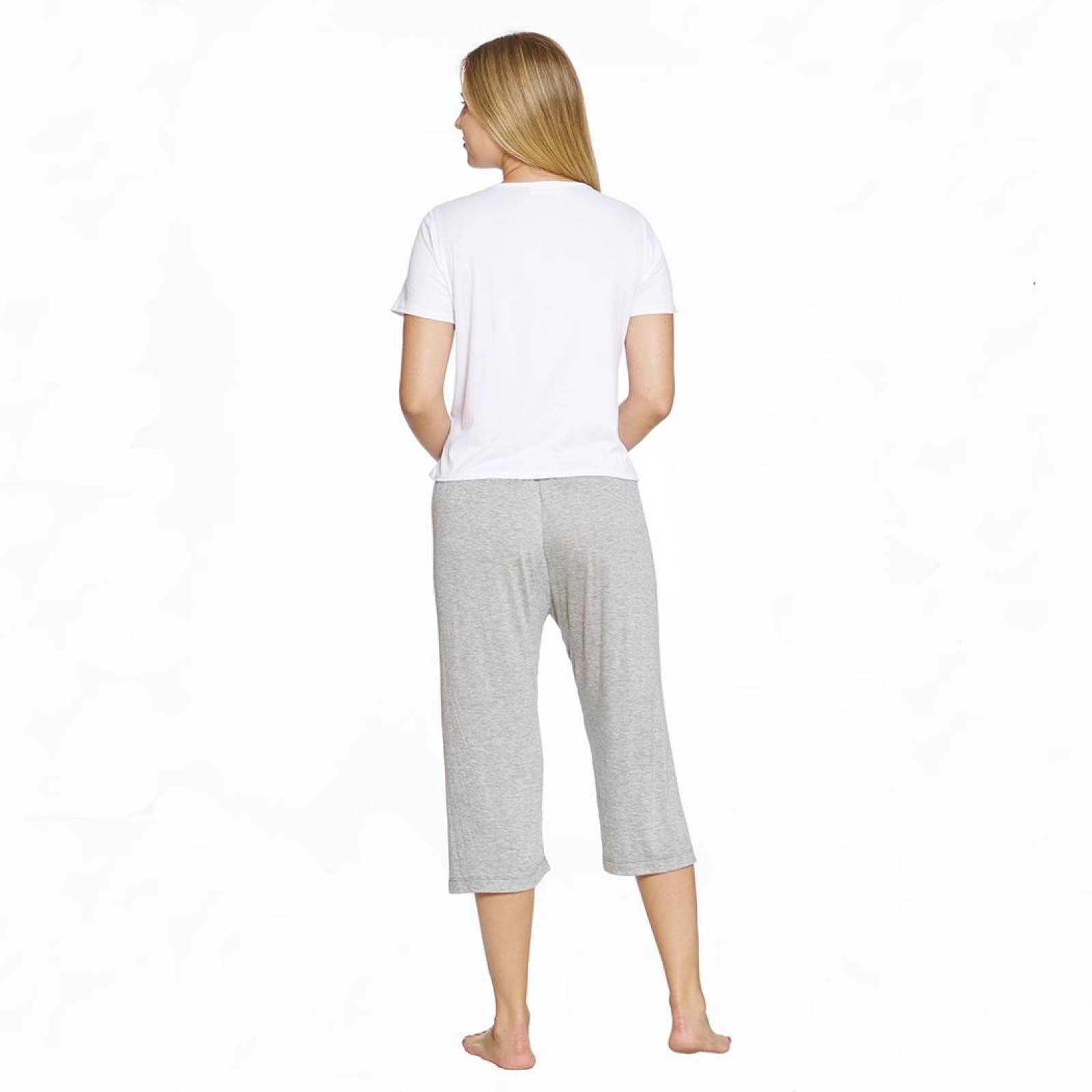 Conjunto Pantalón Pijama largo Blusa Manga Corta Suave Blanco Gris Mujer Cómoda Casual Para Dormir 6 