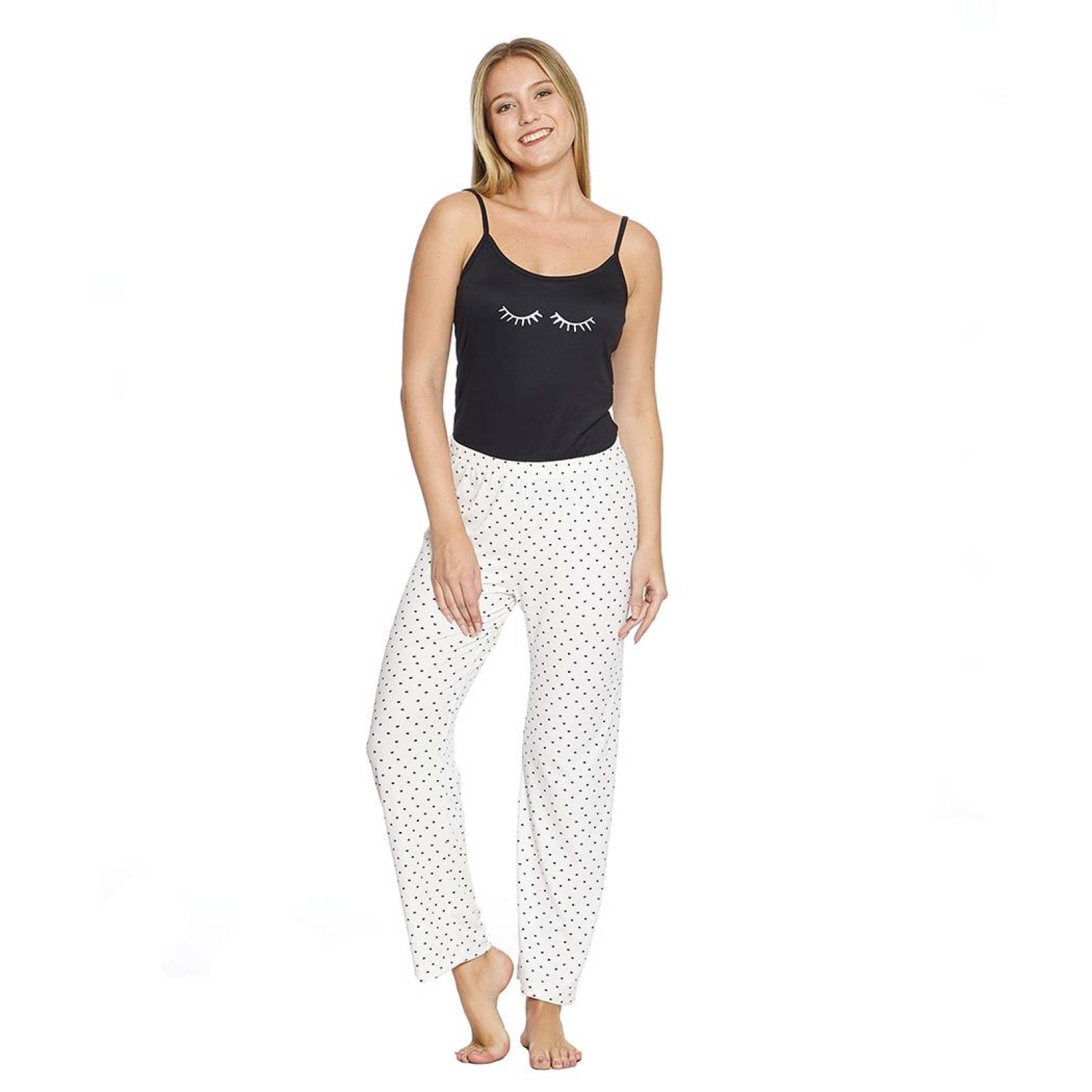 Conjunto Pantalón Pijama largo y Blusa Tirantes Suave Negro Blanco Mujer Cómoda Casual Para Dormir 6 