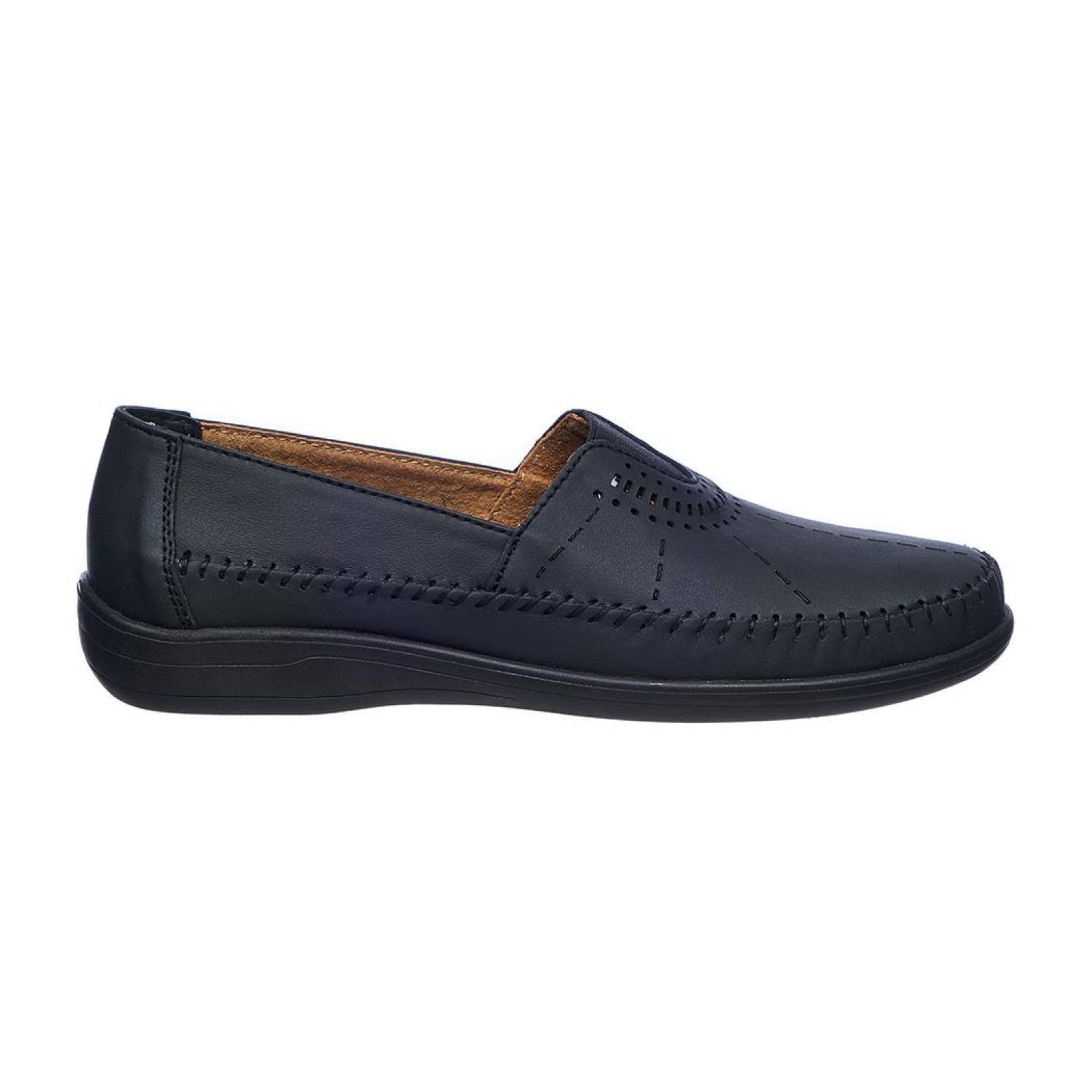 Mocasines Para Mujer Confort Casuales Auto Ajustables Piel Negro 046D1G 