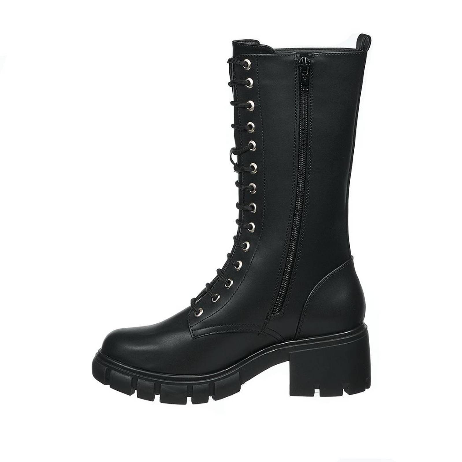 Bota Alta Mujer Moda Casual Juvenil Urbana Cómoda Tipo Piel Negro Agujetas Tipo Militar 040D2F 