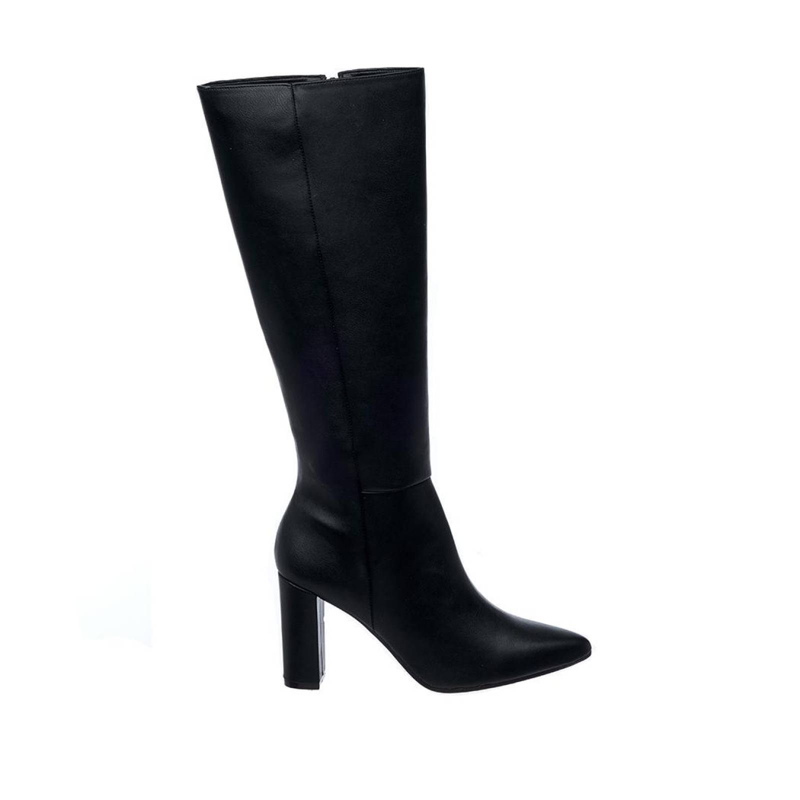 Botas Para Mujer Altas Tipo Piel Negro Tacón Ancho Casuales Lisas 040D2Q 