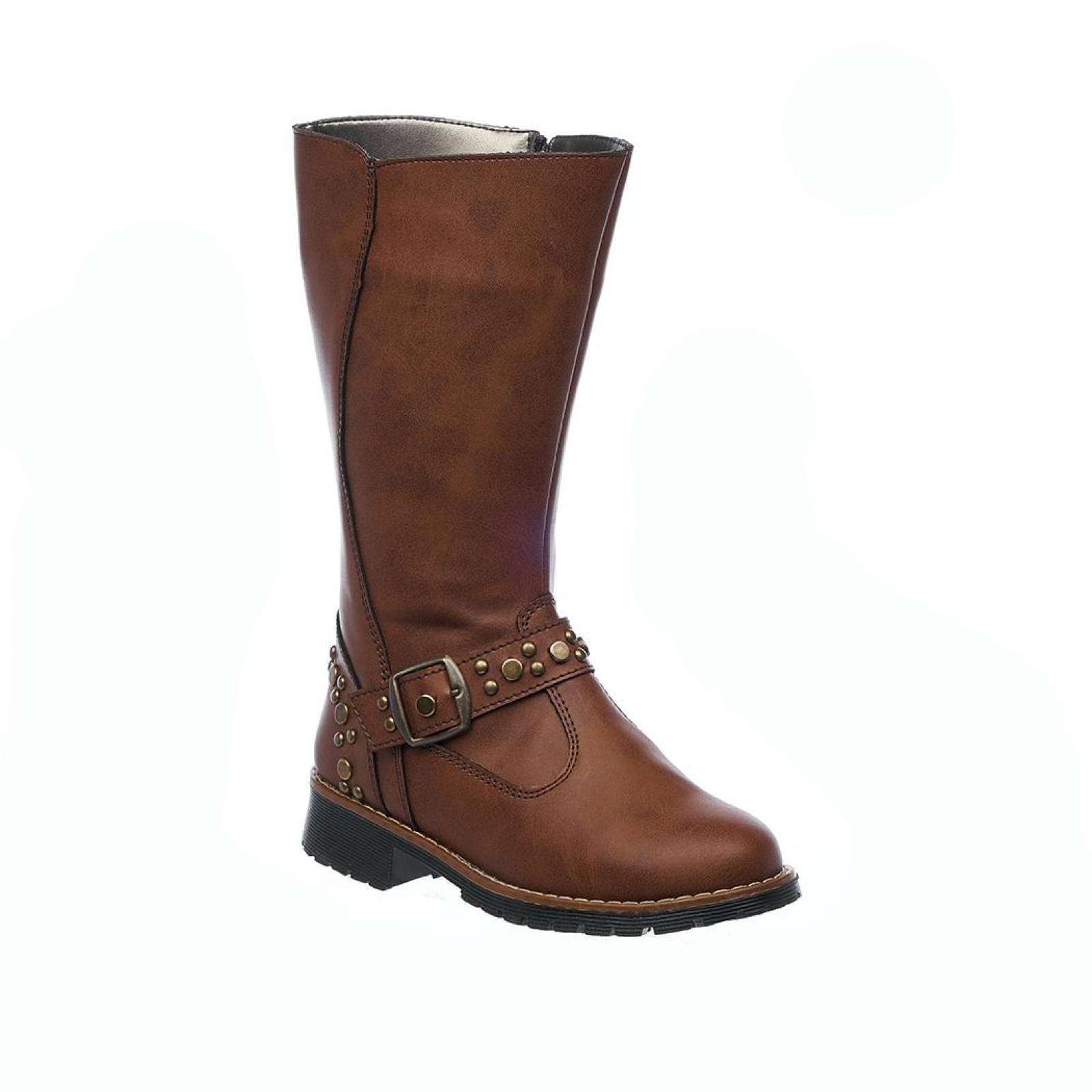 Bota Mujer Moda Casual Suave Cómodo Tipo Piel Cognac Tubo Alto Pedrería Suela Ligera 031B2Q