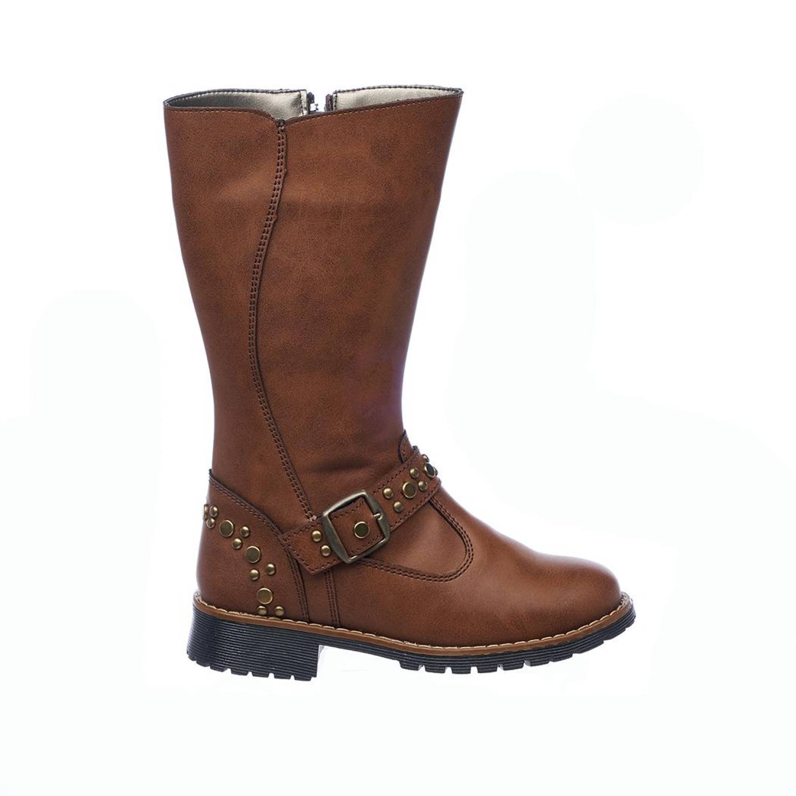 Bota Mujer Moda Casual Suave Cómodo Tipo Piel Cognac Tubo Alto Pedrería Suela Ligera 031B2Q