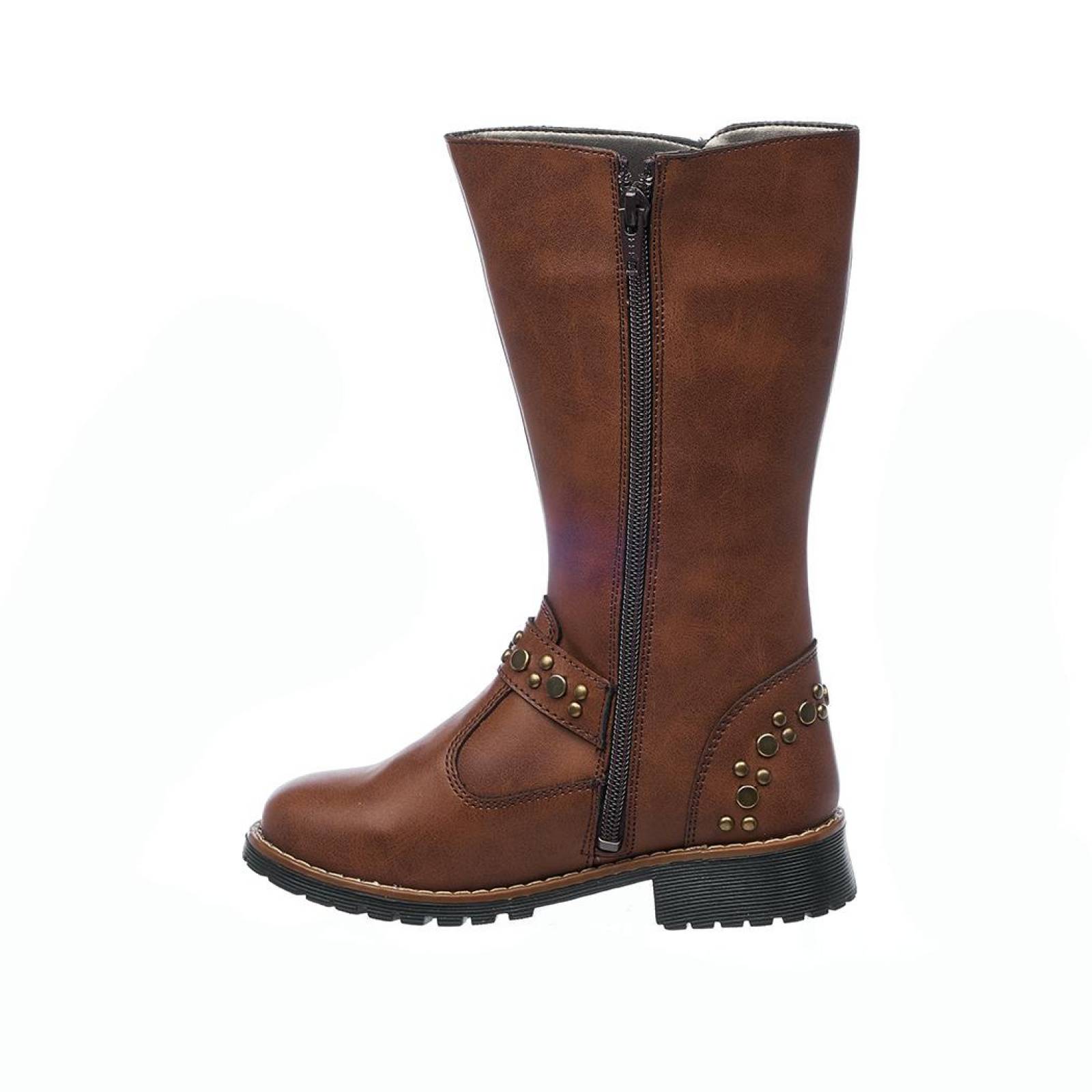 Bota Mujer Moda Casual Suave Cómodo Tipo Piel Cognac Tubo Alto Pedrería Suela Ligera 031B2Q
