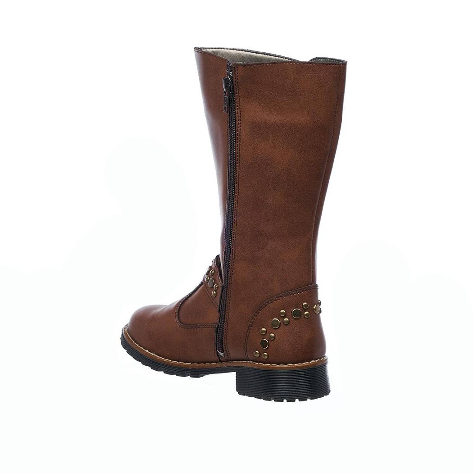 Bota Mujer Moda Casual Suave Cómodo Tipo Piel Cognac Tubo Alto Pedrería Suela Ligera 031B2Q
