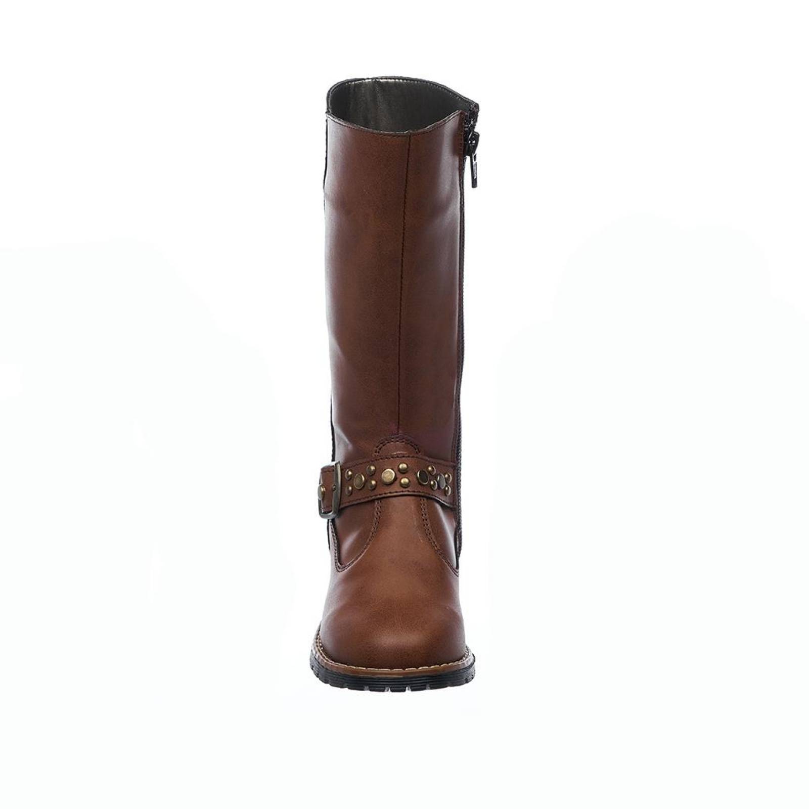 Bota Mujer Moda Casual Suave Cómodo Tipo Piel Cognac Tubo Alto Pedrería Suela Ligera 031B2Q