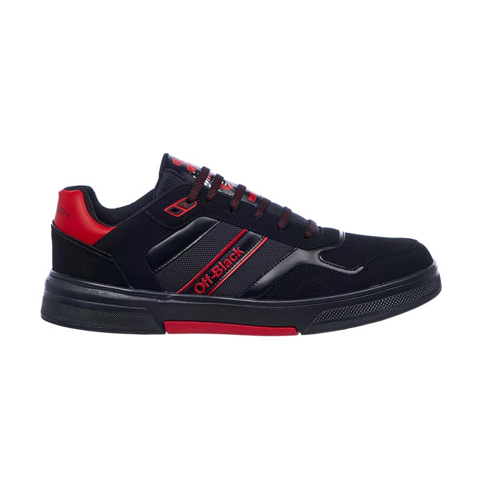 Tenis Hombre Sneaker Moda Casual Basics Urbana Tipo Gamuza Negro Detalle Rojo Suave 024C2R 