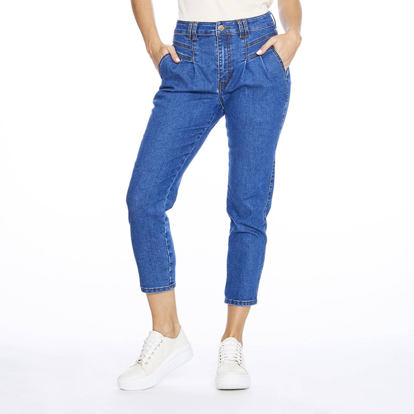 Jeans Mom Fit Mujer Con Bolsas y Pinzas Stone Claro 