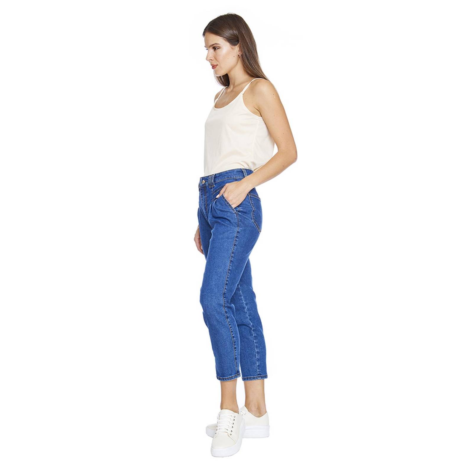 Jeans Mom Fit Mujer Con Bolsas y Pinzas Stone Claro 