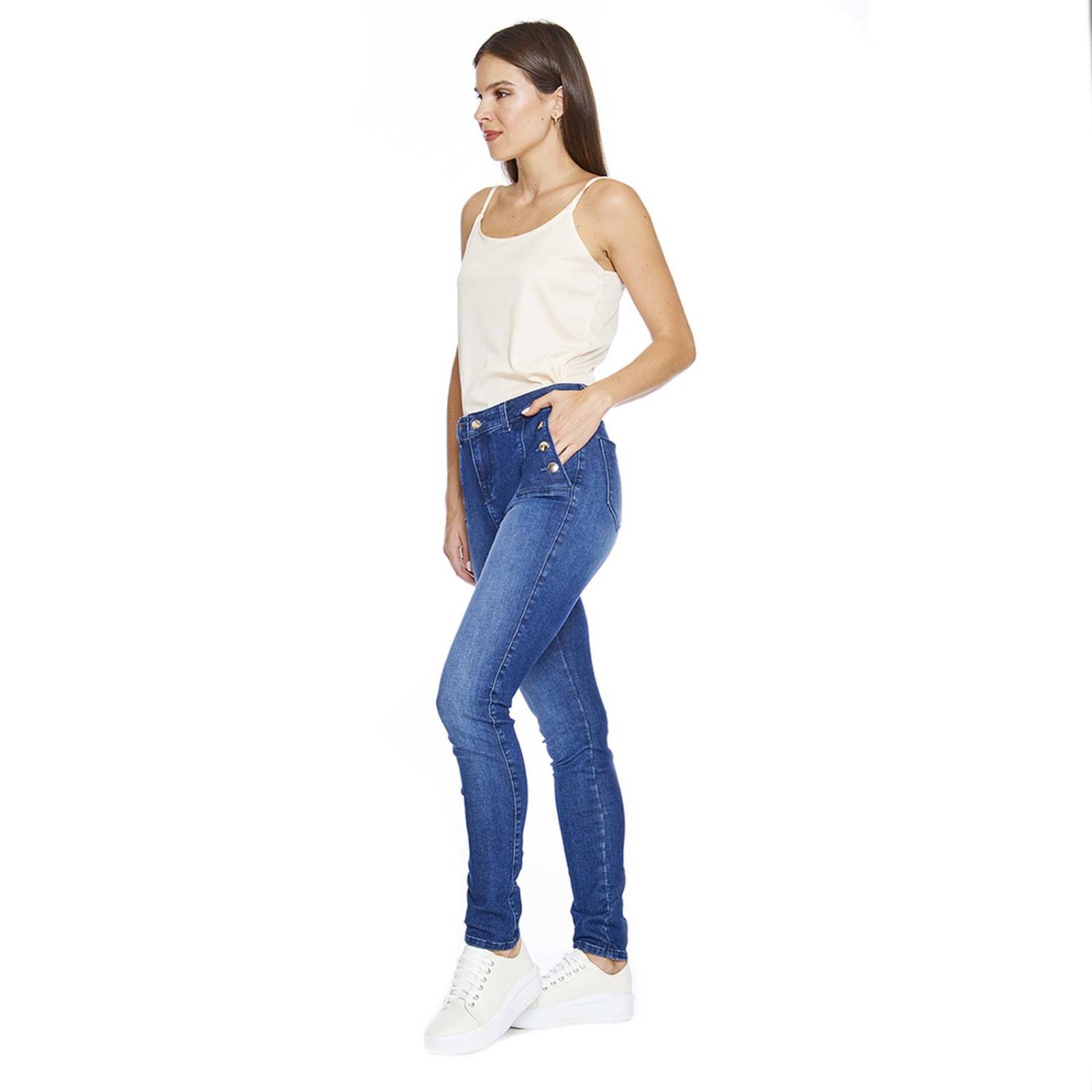 Jeans Para Mujer Con Botones Tiro Alto Super Skinny Casuales 