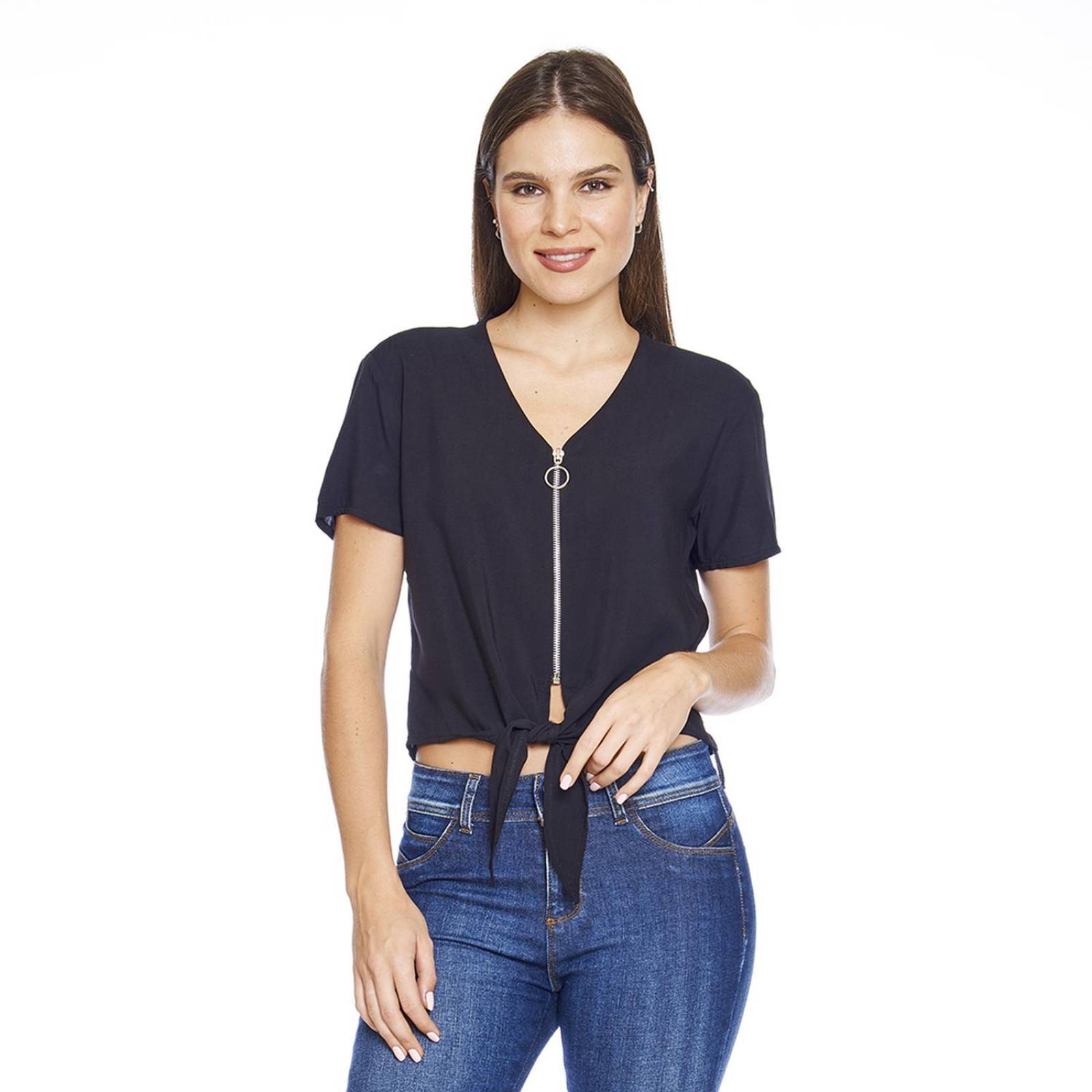Blusa Mujer Casual escote V cierre metálico amarre en frente 