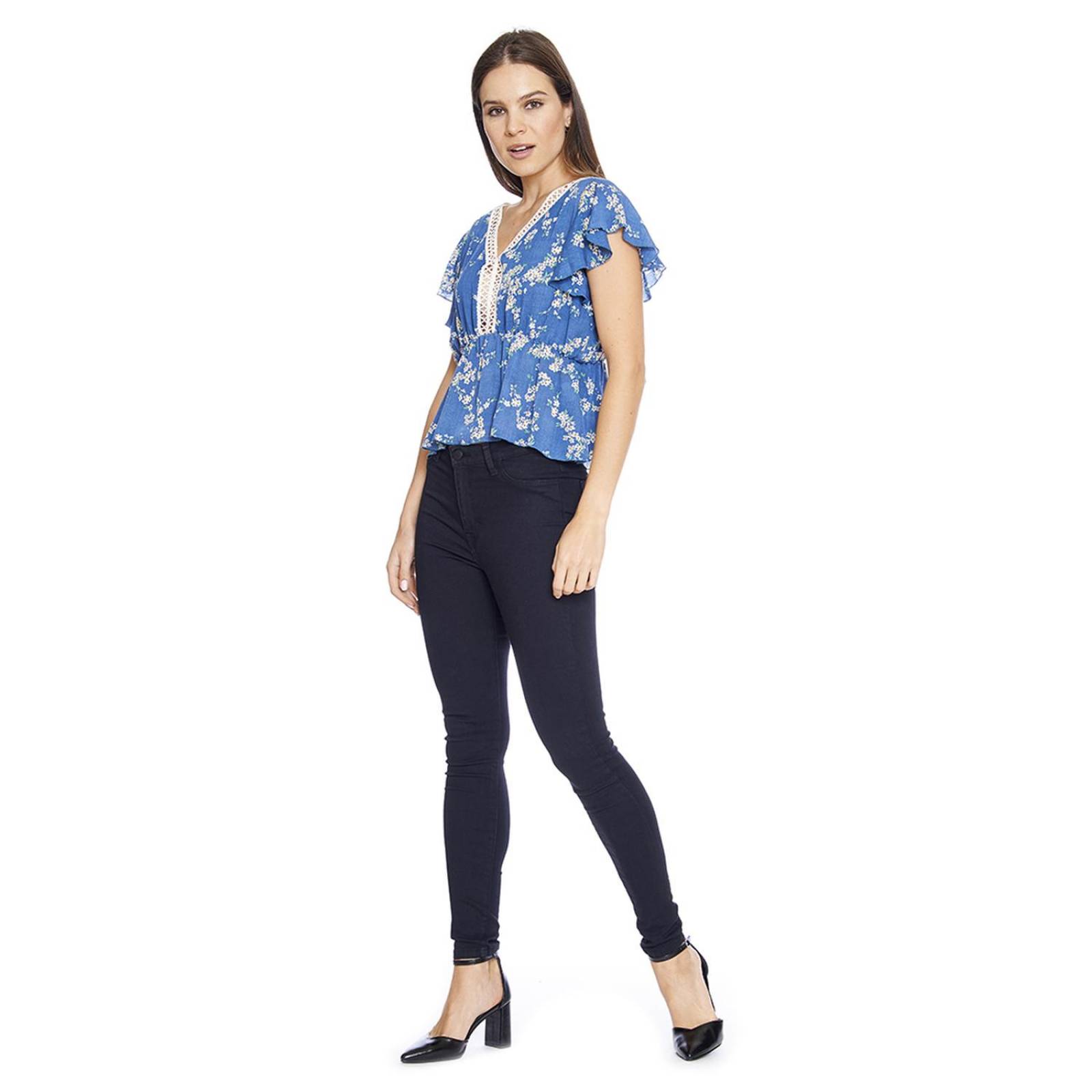 Blusa Mujer casual escote V con tira bordada manga corta 