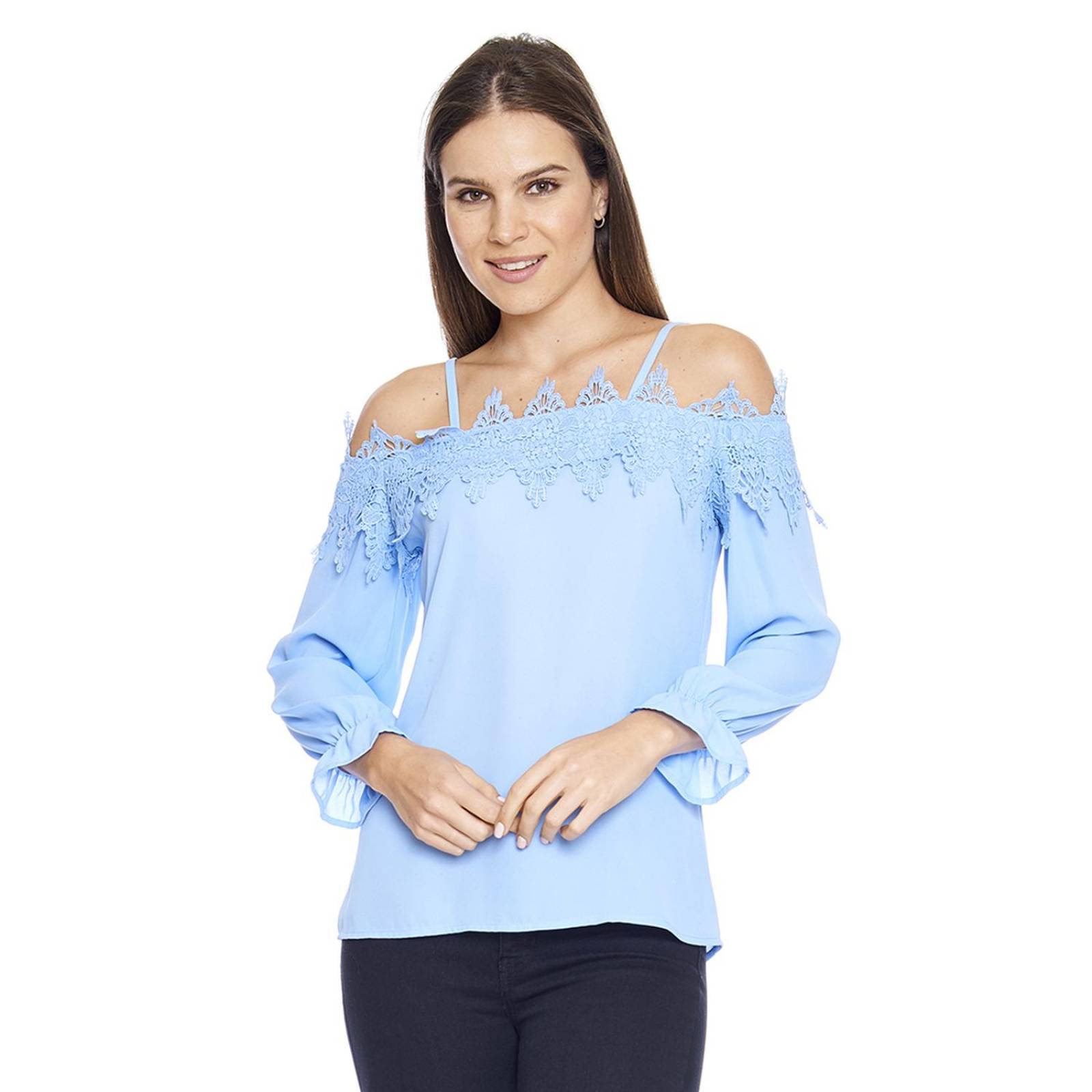 Blusa Para Mujer Hombros Caídos Azul Manga Larga Casual 