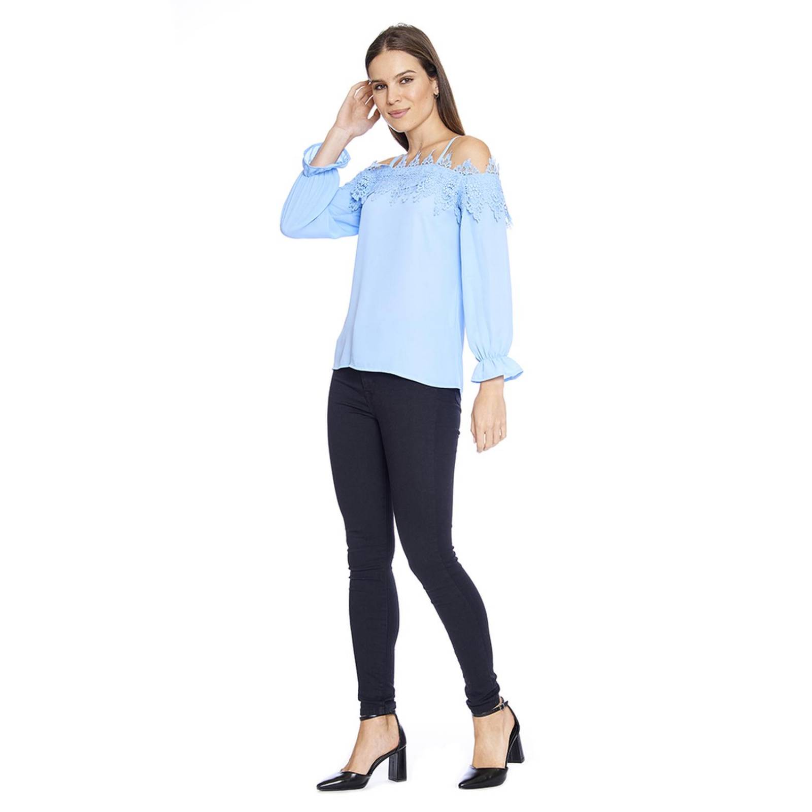 Blusa Para Mujer Hombros Caídos Azul Manga Larga Casual 