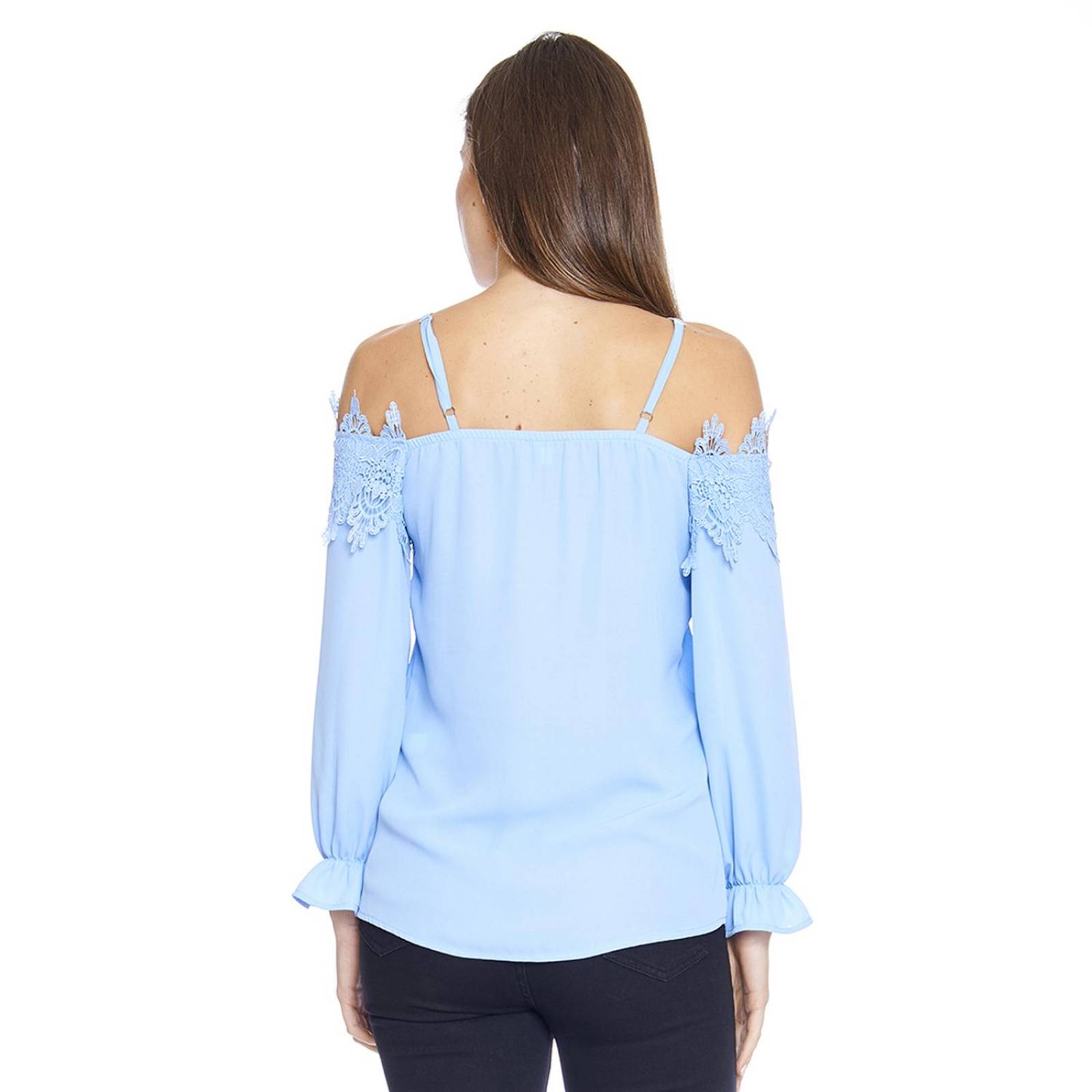 Blusa Para Mujer Hombros Caídos Azul Manga Larga Casual 