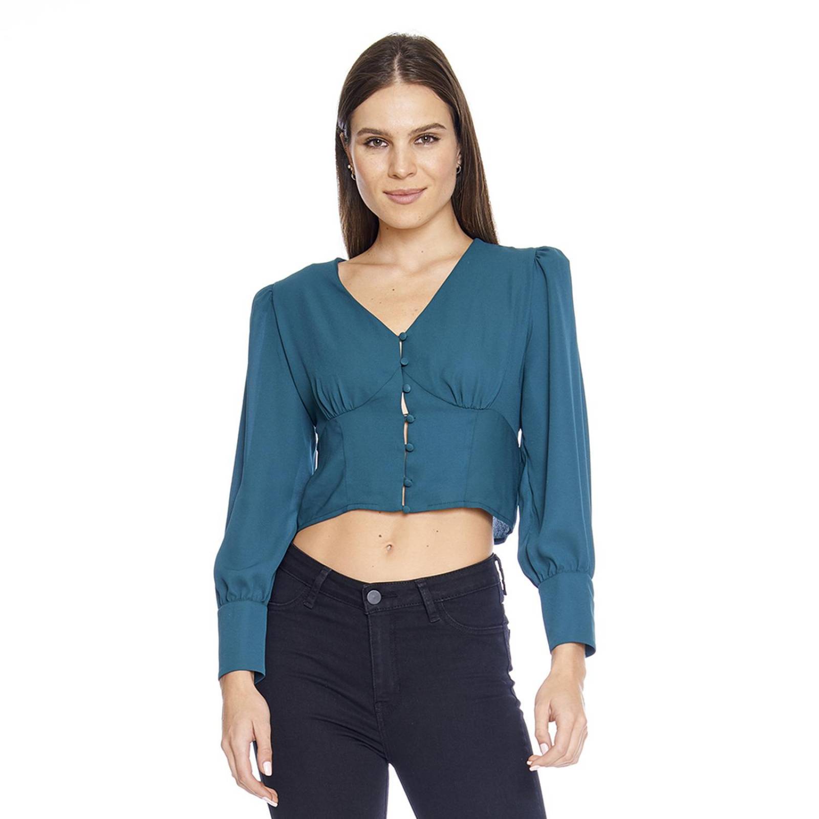 Blusa Para Mujer Corte Imperio Manga Larga Casual Verde