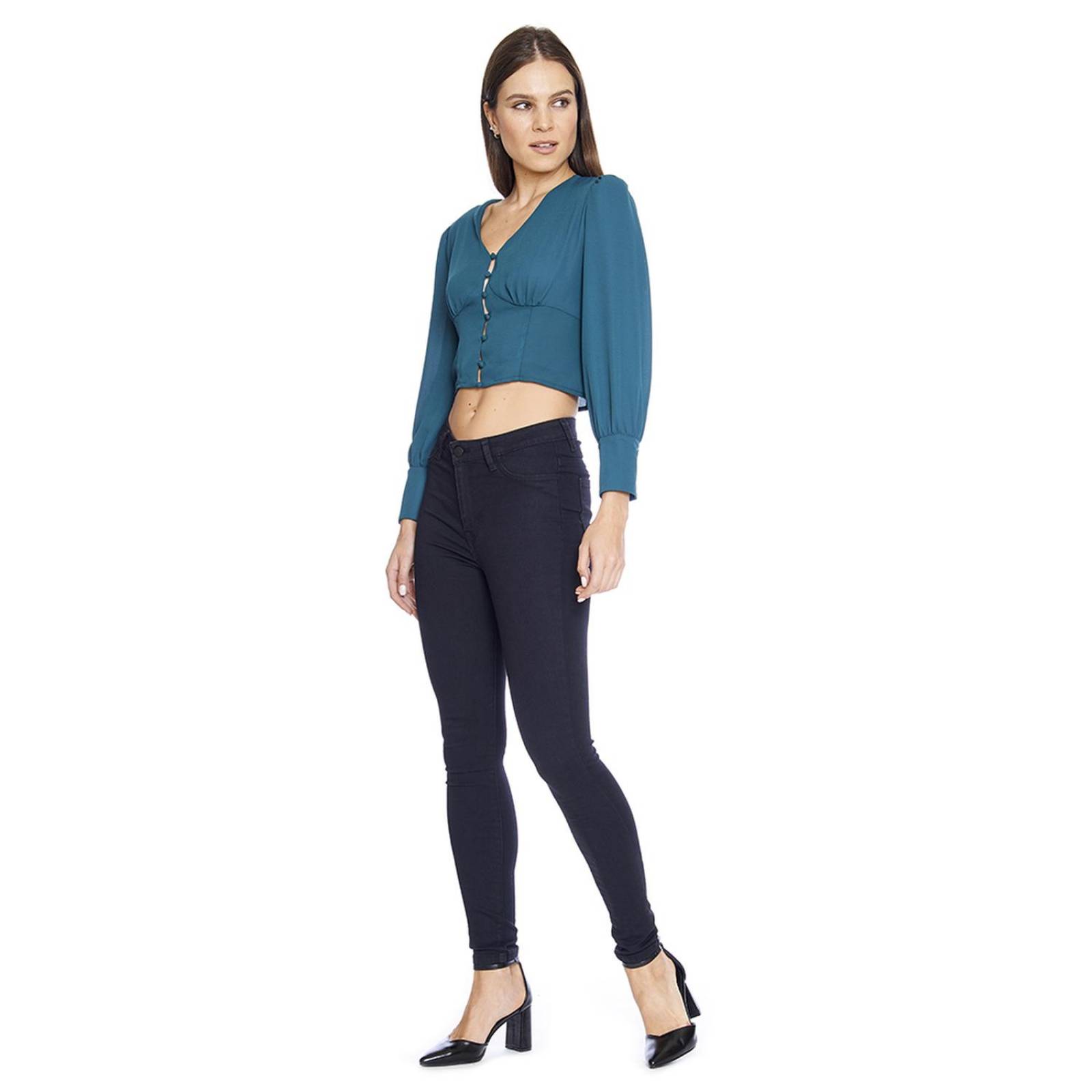 Blusa Para Mujer Corte Imperio Manga Larga Casual Verde