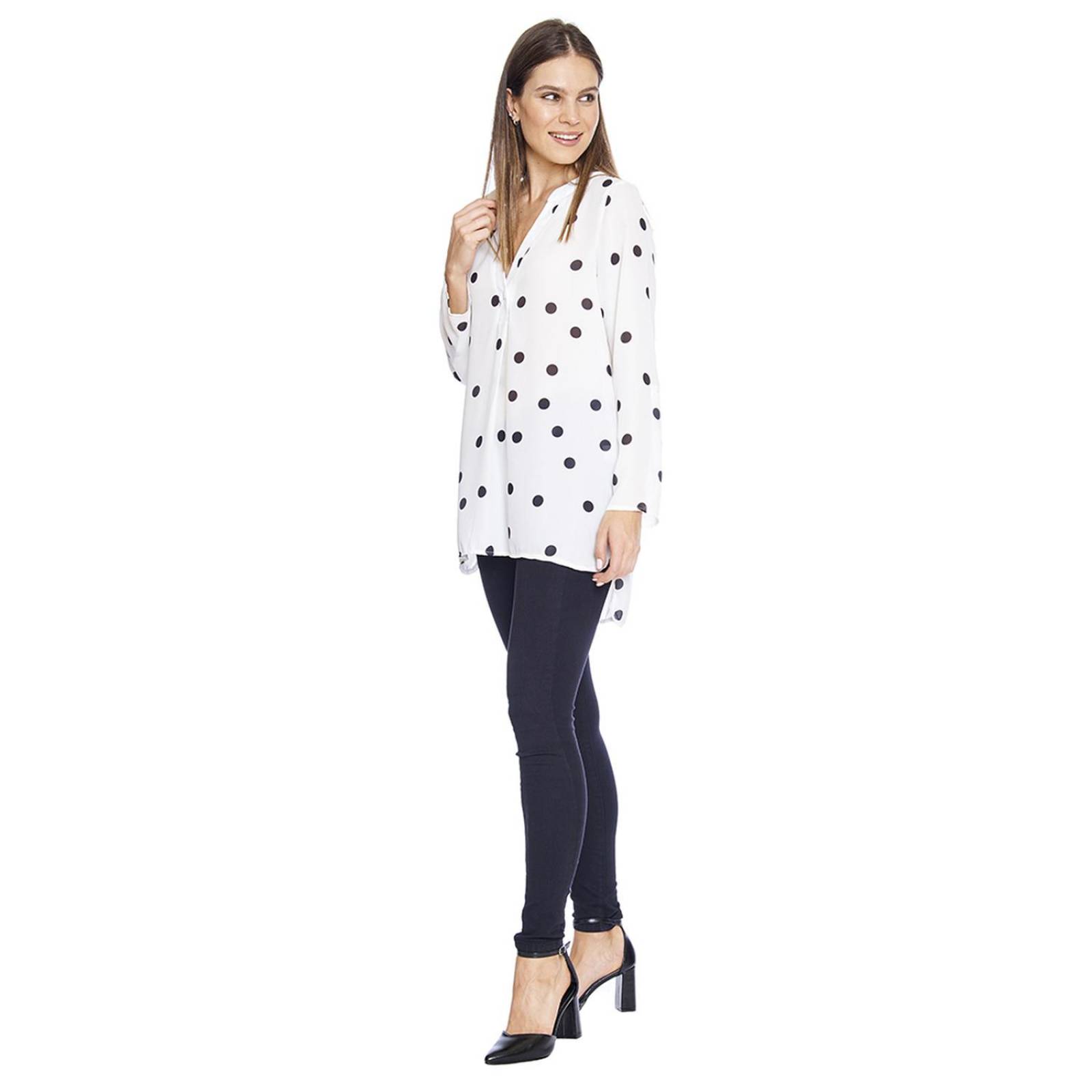 Blusón Largo Para Mujer Con Lunares Blanco Moda Casual 