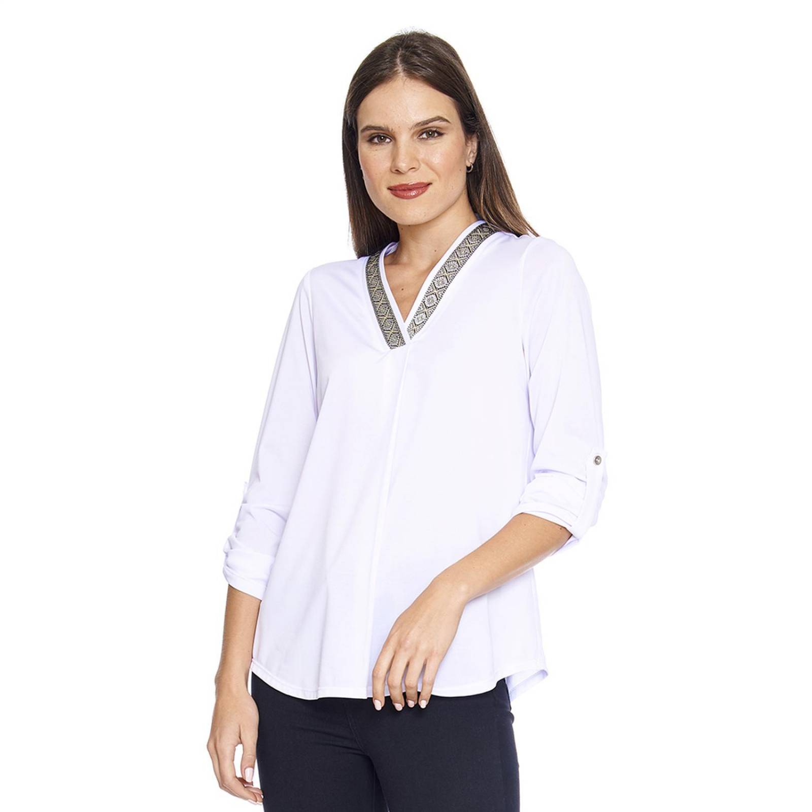 Blusa Blanca Para Mujer Holgada Escote V Con Detalle Casual