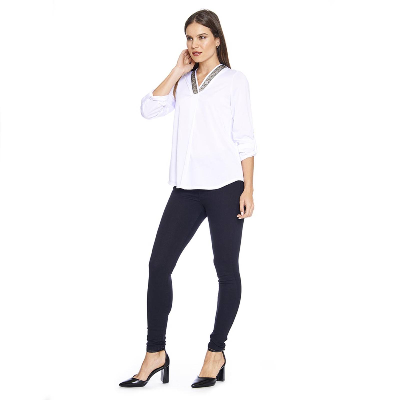 Blusa Blanca Para Mujer Holgada Escote V Con Detalle Casual