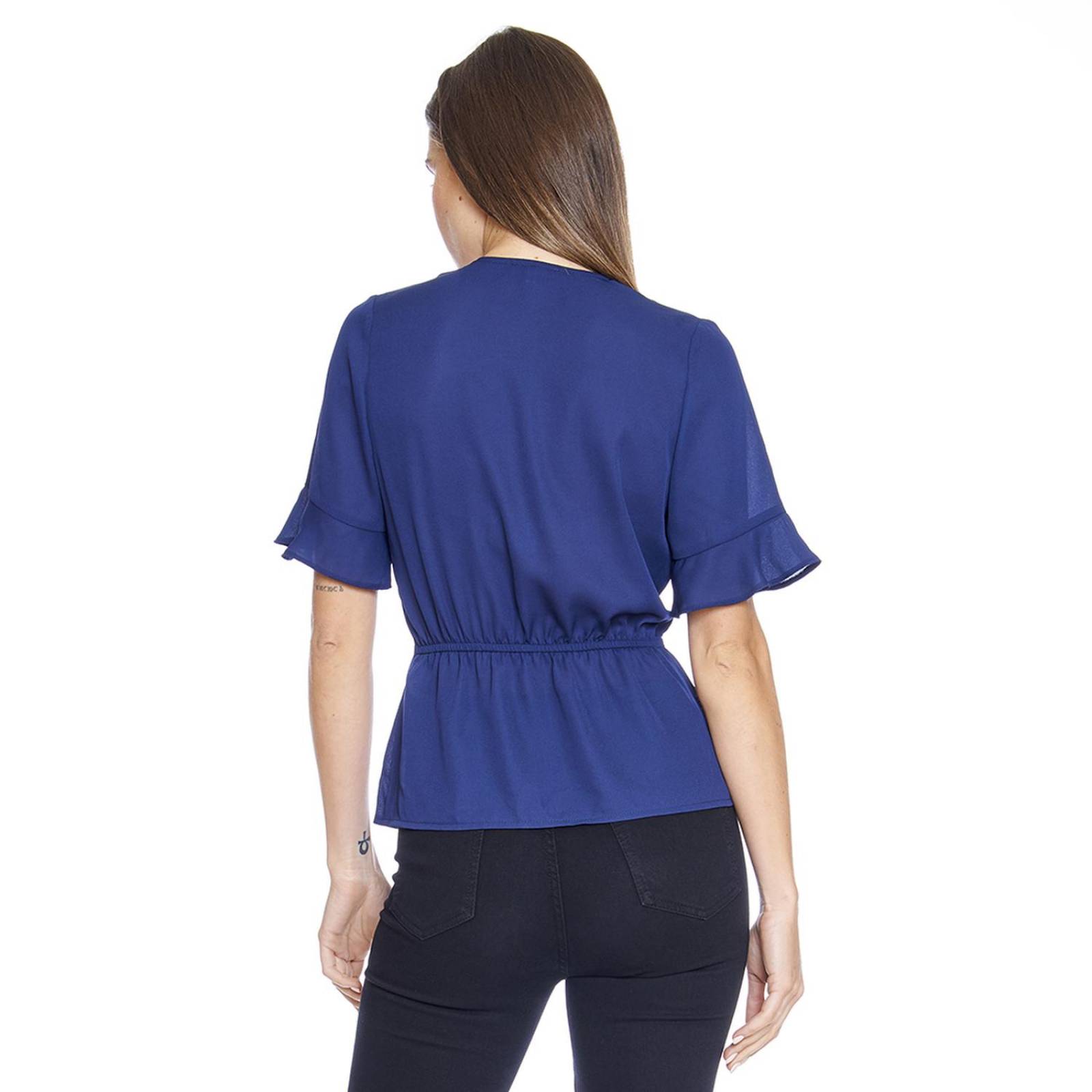 Blusa Mujer con hebilla Escote V Manga Olanes Marino 