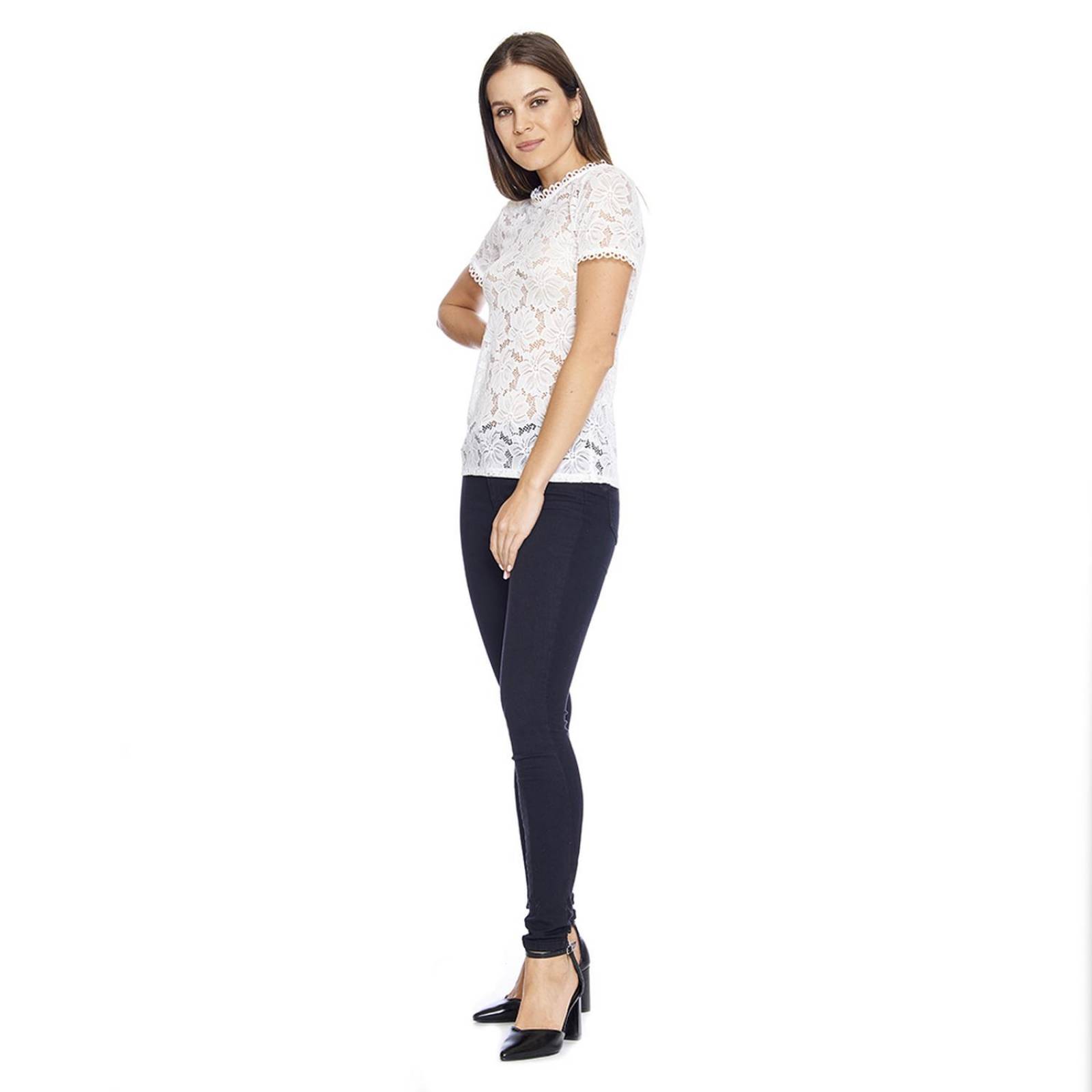 Blusa Para Mujer Manga Corta De Encaje Hueso Sexy Casual 