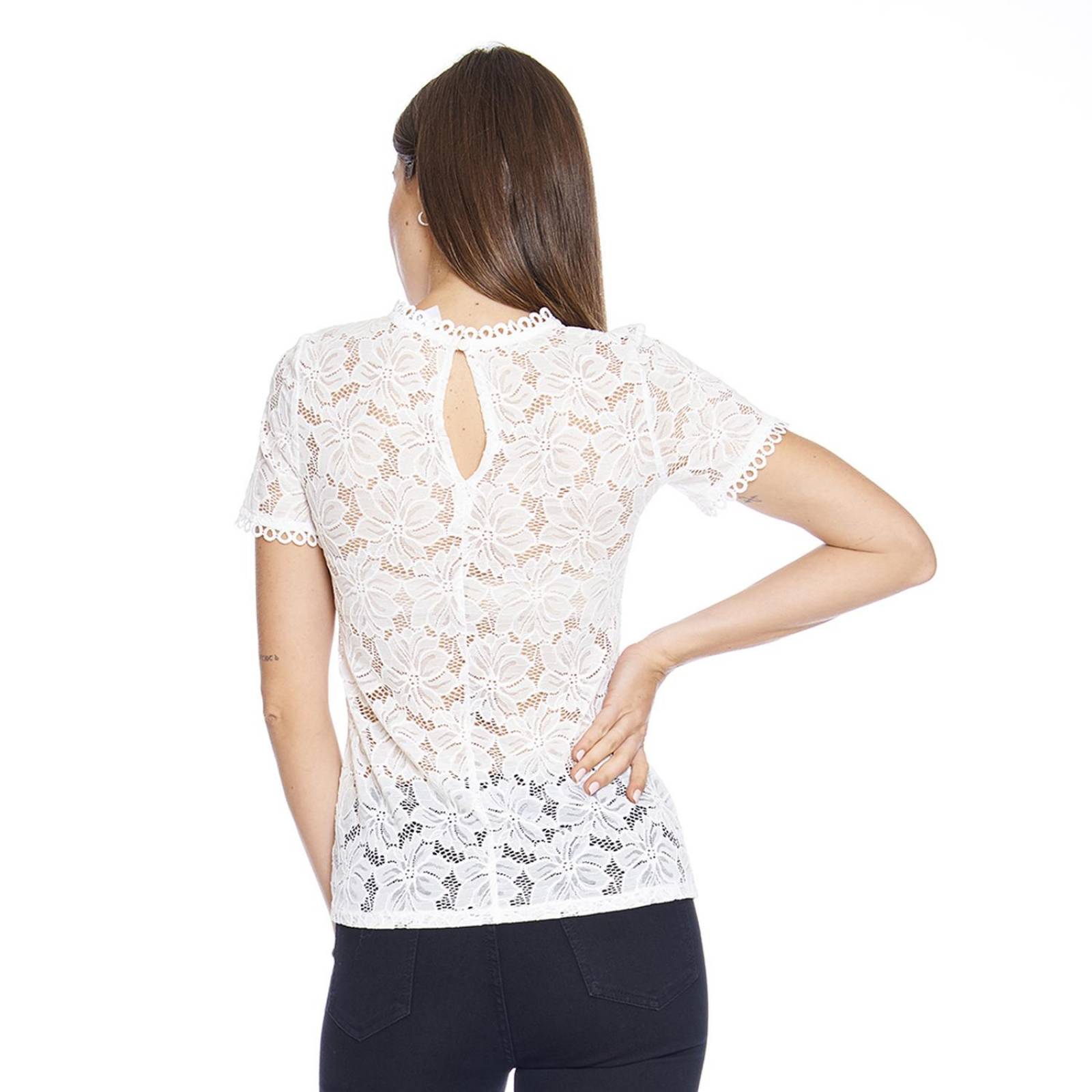 Blusa Para Mujer Manga Corta De Encaje Hueso Sexy Casual 