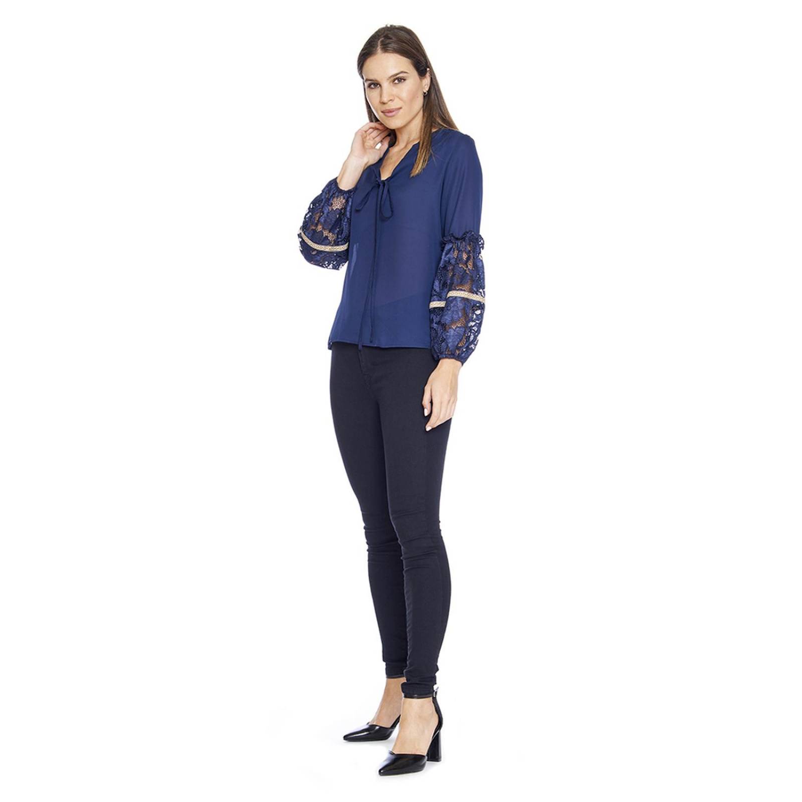 Blusa Para Mujer Con Mangas Encaje Escote V Marino Casual 