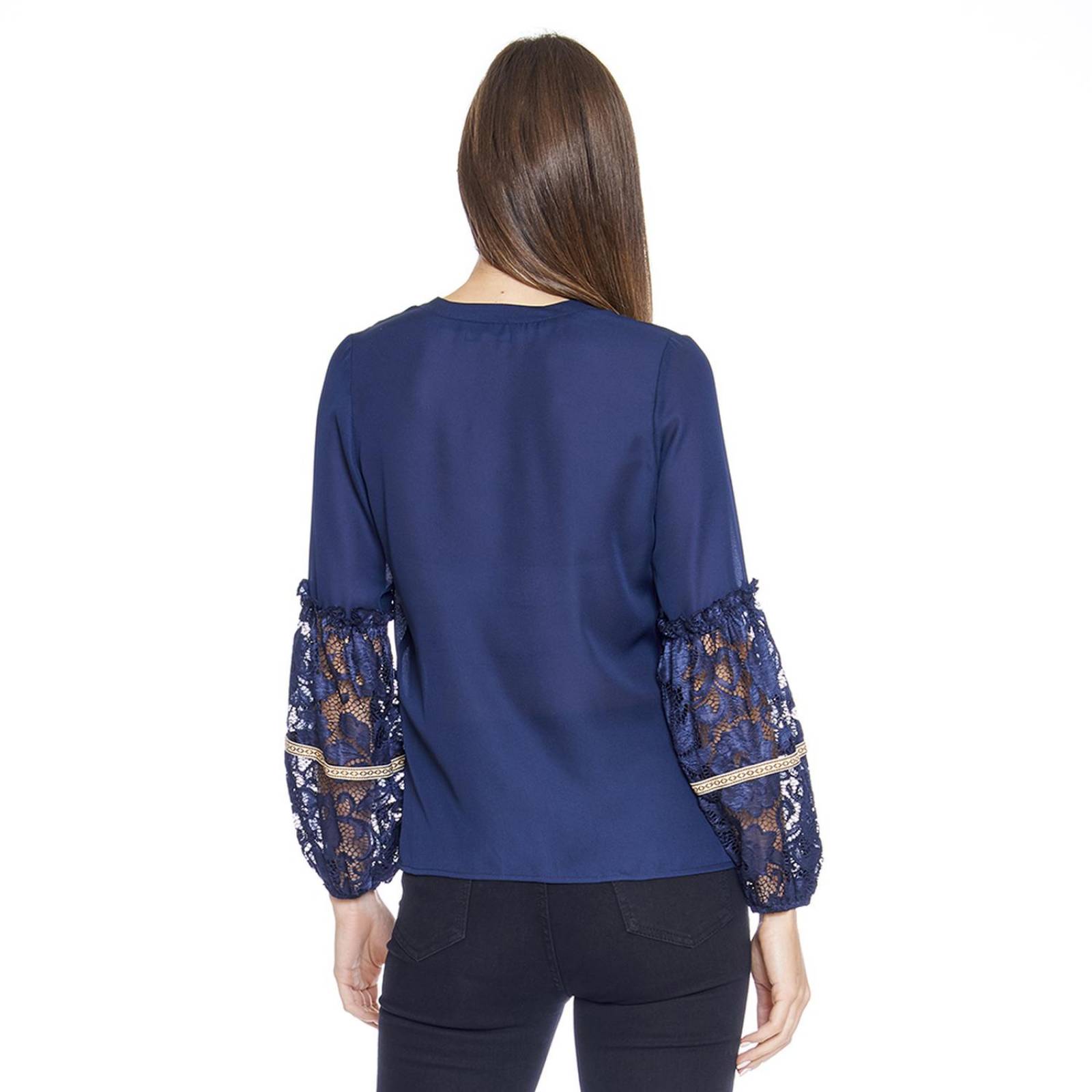 Blusa Para Mujer Con Mangas Encaje Escote V Marino Casual 