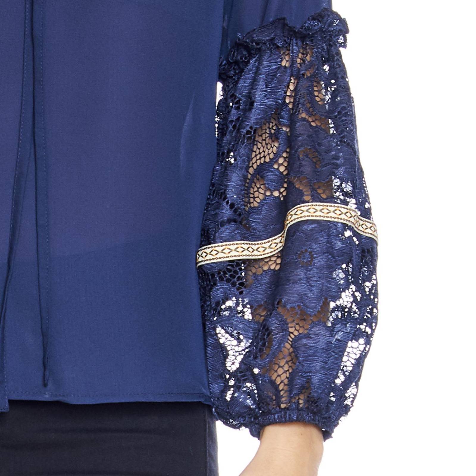 Blusa Para Mujer Con Mangas Encaje Escote V Marino Casual 