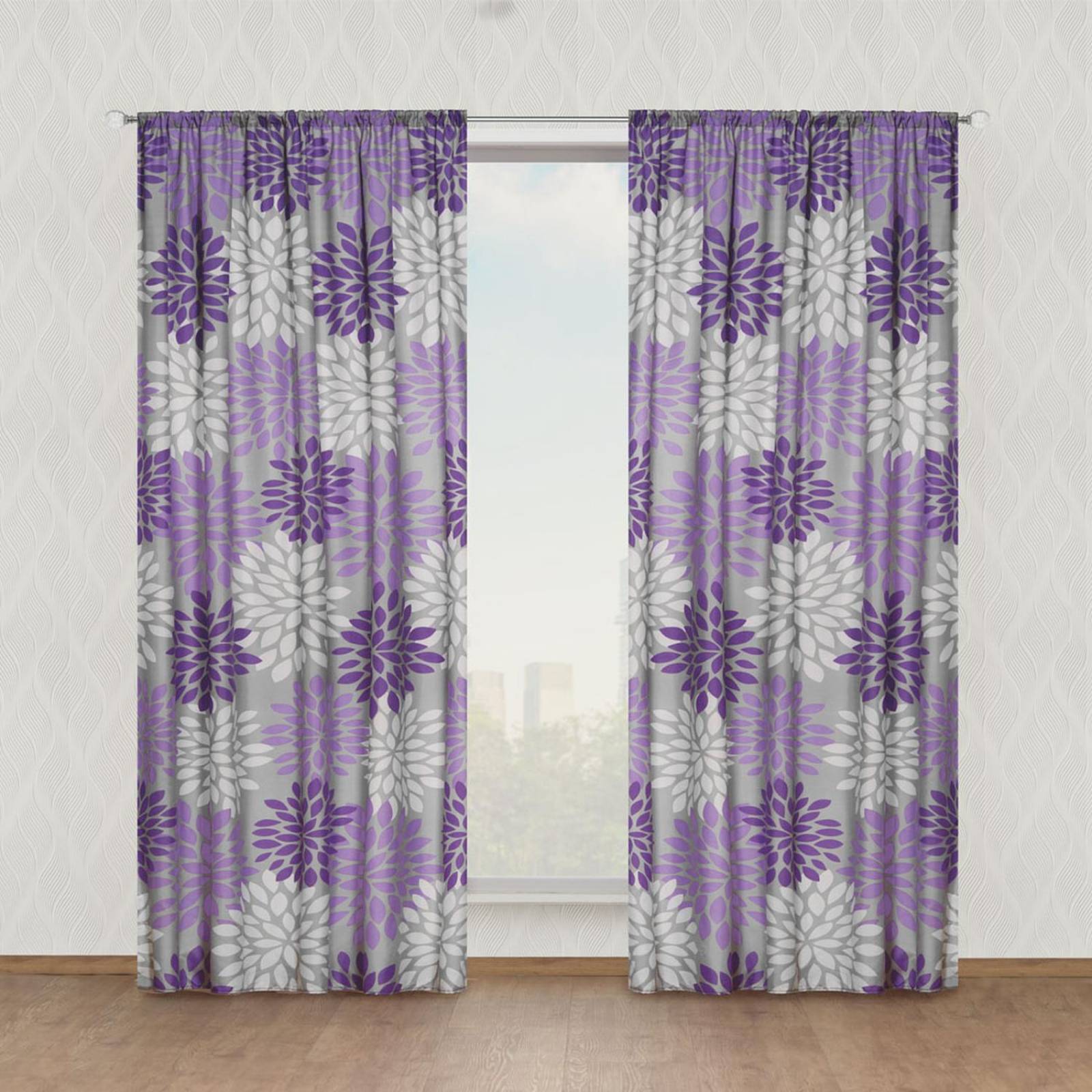 Cortinas Chelsea Con Bandas Flores Moradas 