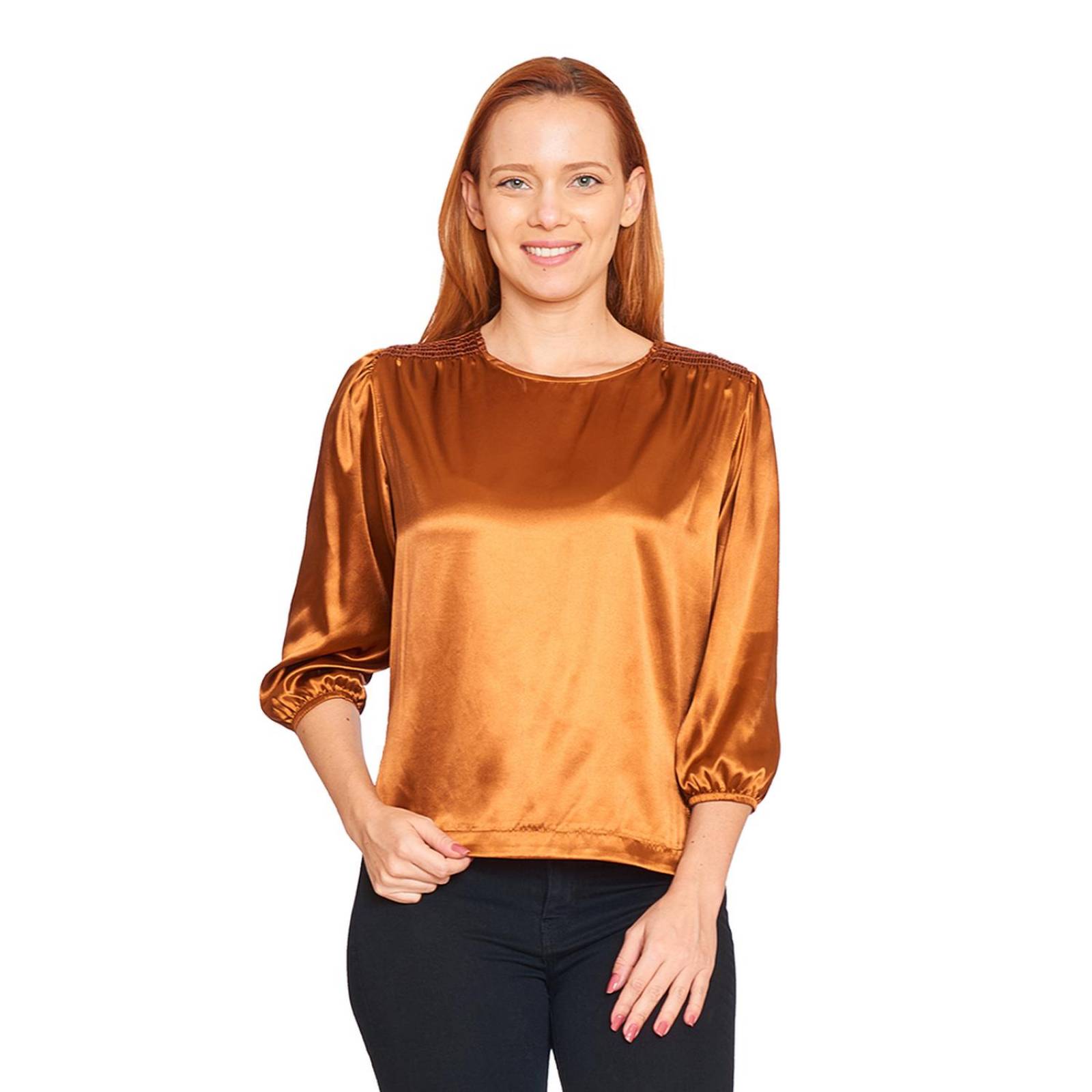 Blusa Mujer Lisa Ocre Manga 3/4 Plizada Satinada Casual