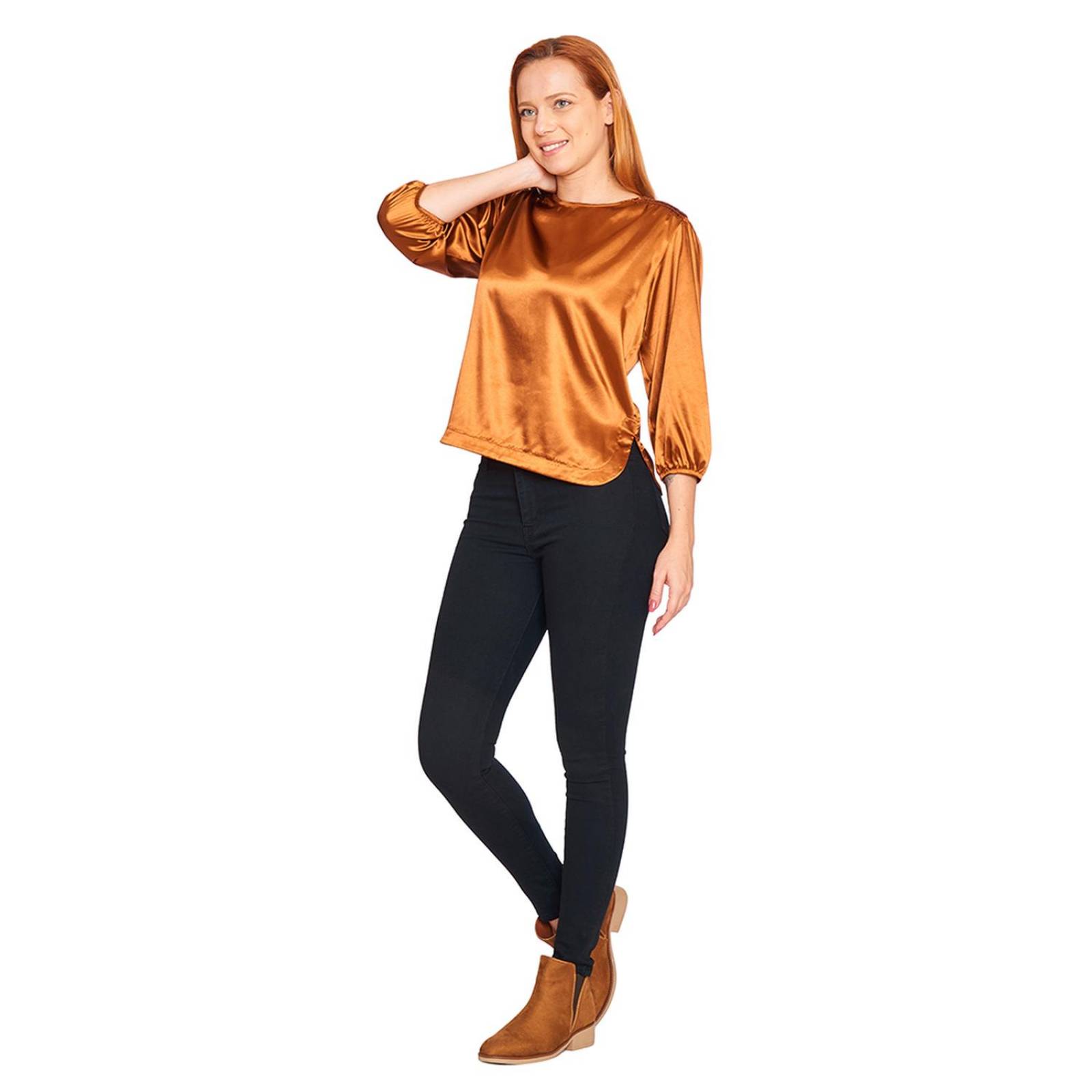 Blusa Mujer Lisa Ocre Manga 3/4 Plizada Satinada Casual