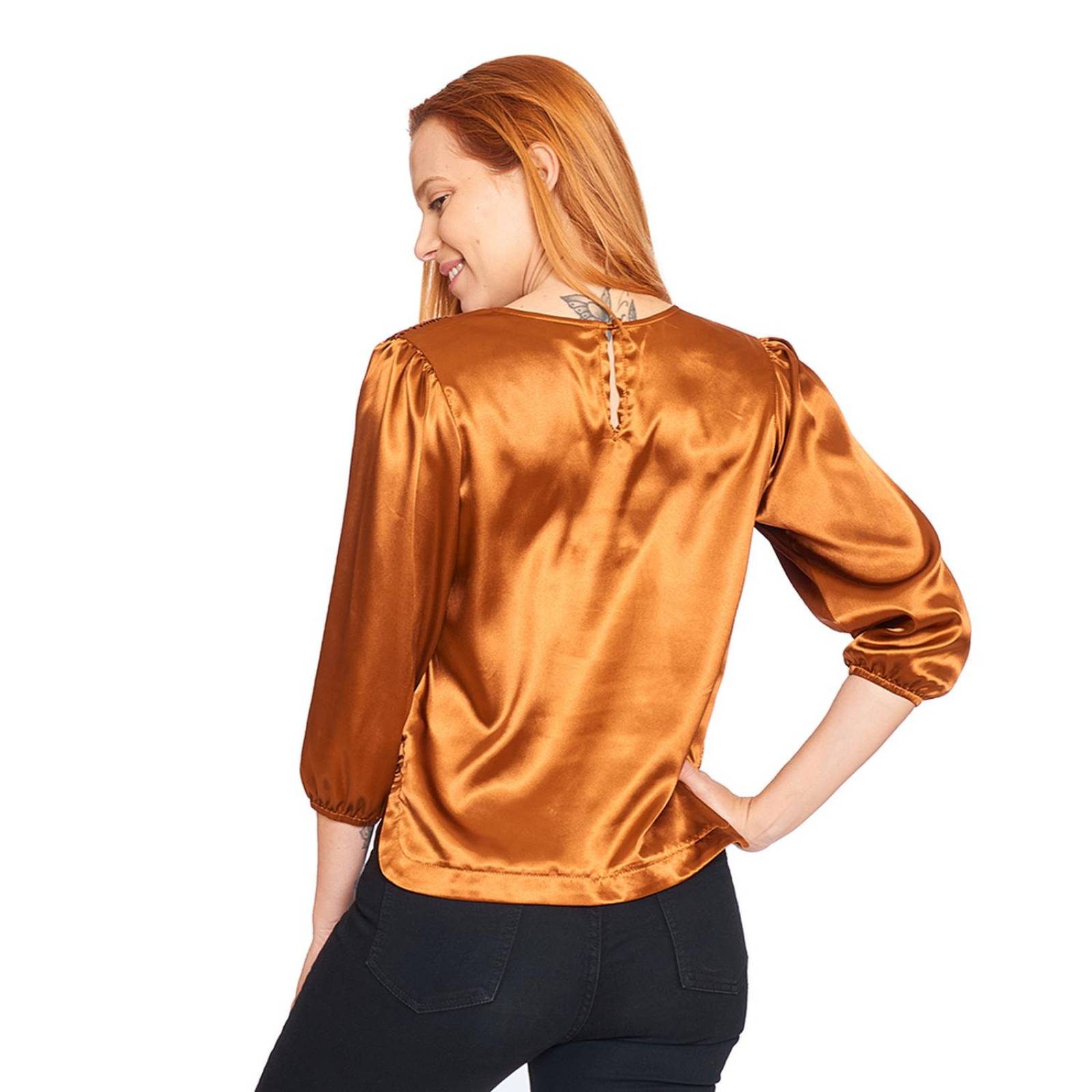 Blusa Mujer Lisa Ocre Manga 3/4 Plizada Satinada Casual
