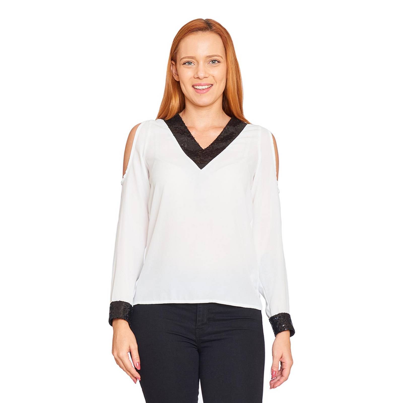 Blusa Mujer Con Lentejuelas Manga Larga Escote V Ivory 