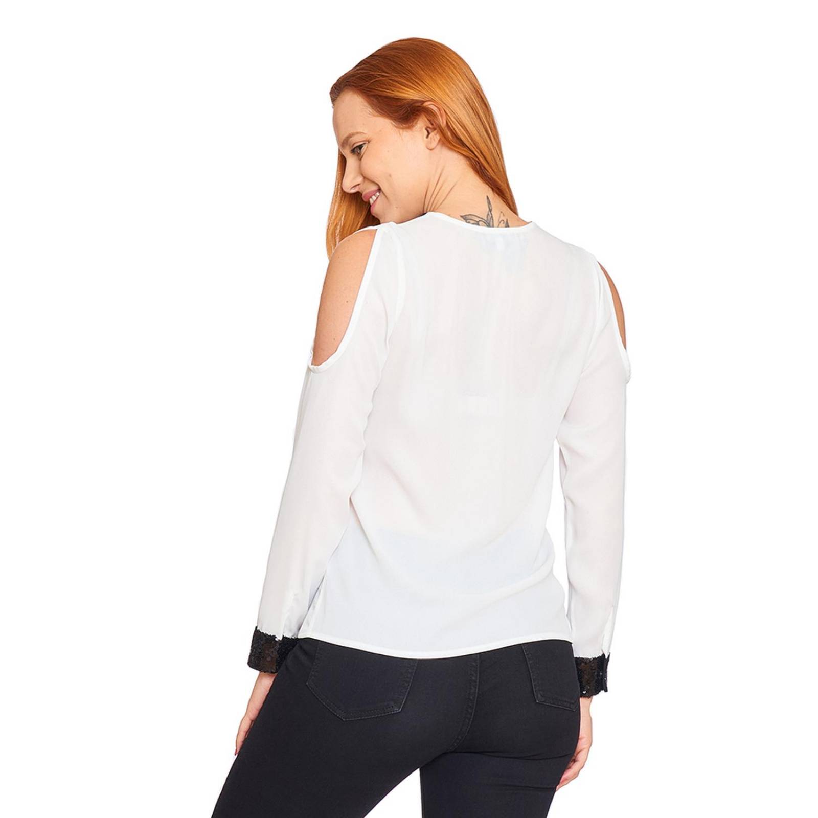 Blusa Mujer Con Lentejuelas Manga Larga Escote V Ivory 