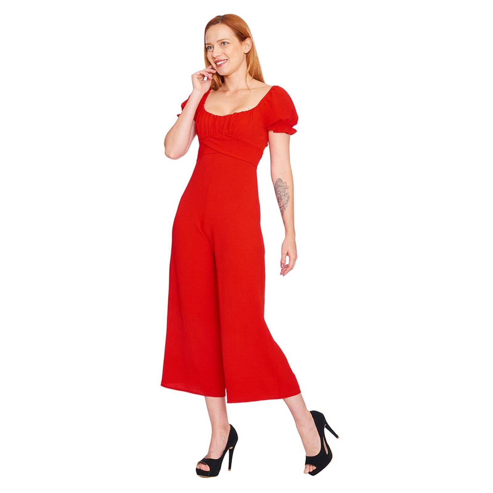 Palazzo Manga Globo Corta Mujer Rojo Elegante Casual 