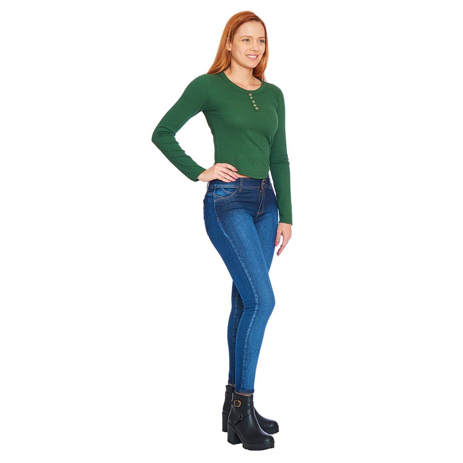 Blusa Con Botones Mujer Manga Larga Verde Cuello Redondo