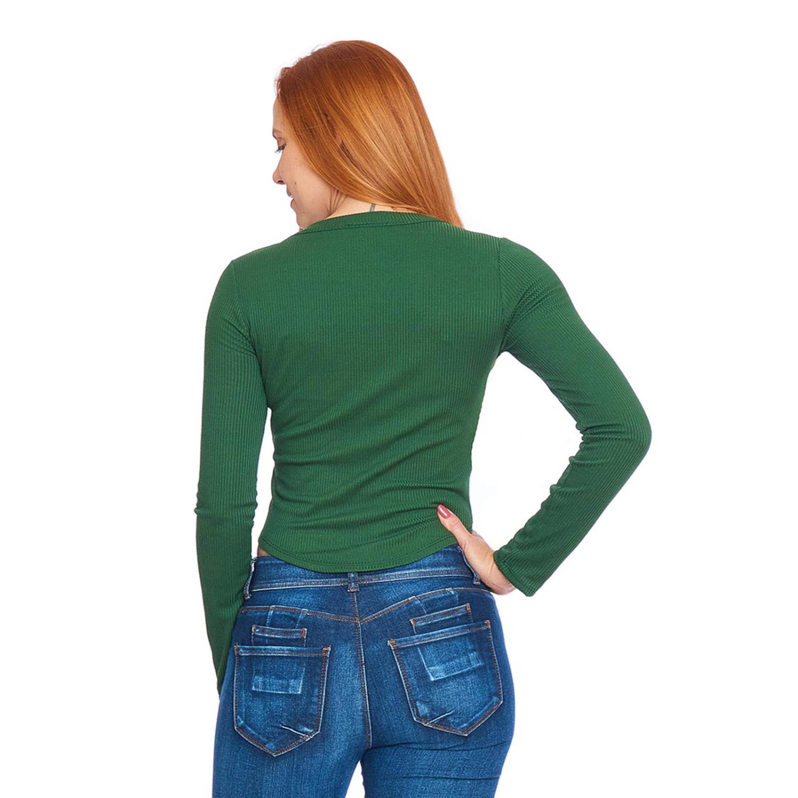 Blusa Con Botones Mujer Manga Larga Verde Cuello Redondo