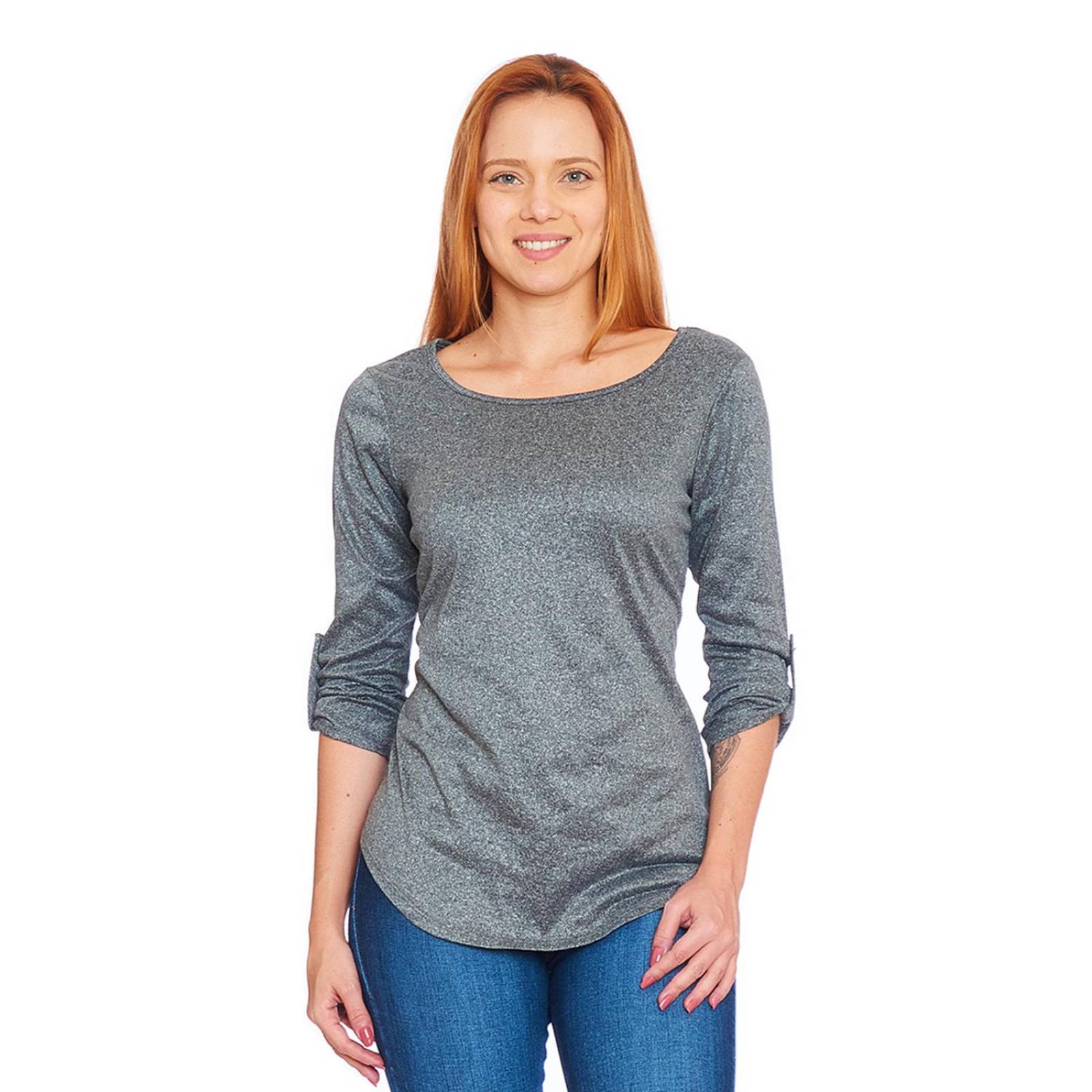 Blusa Manga 3/4 Mujer Con Botón Gris Lisa Casual