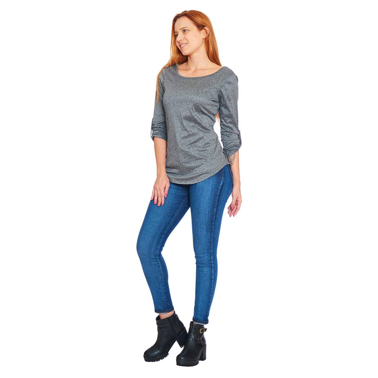 Blusa Manga 3/4 Mujer Con Botón Gris Lisa Casual