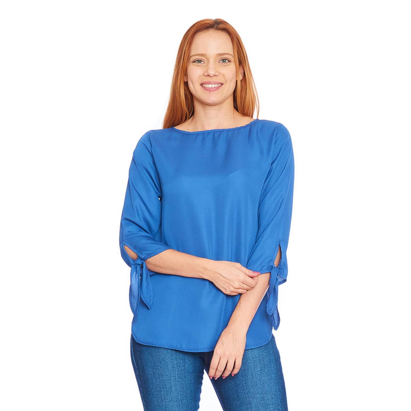 Blusa Manga 3/4 Mujer Con Nudo Azul Lisa Casual