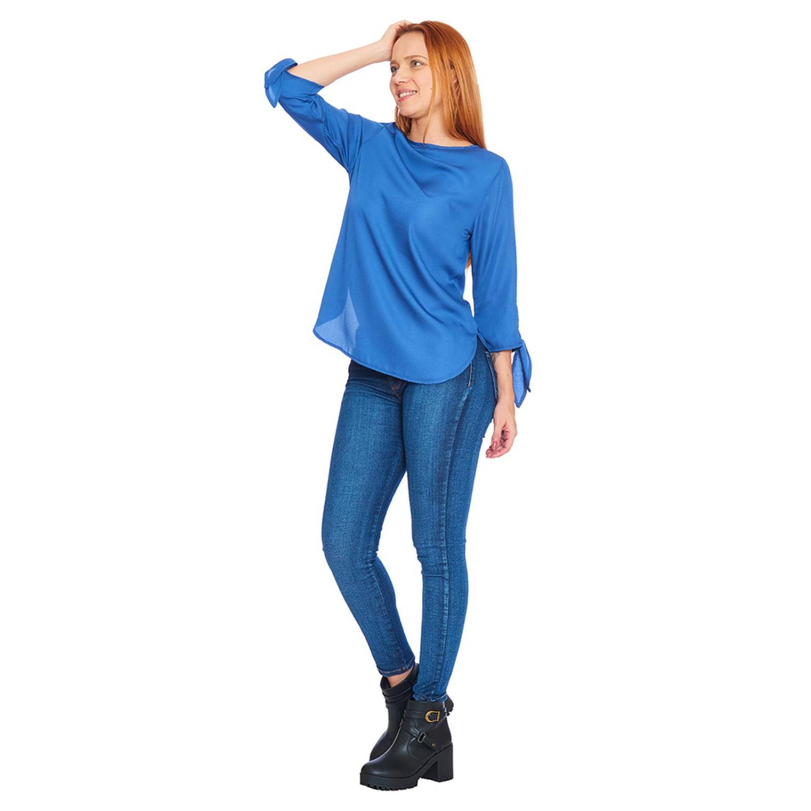 Blusa Manga 3/4 Mujer Con Nudo Azul Lisa Casual