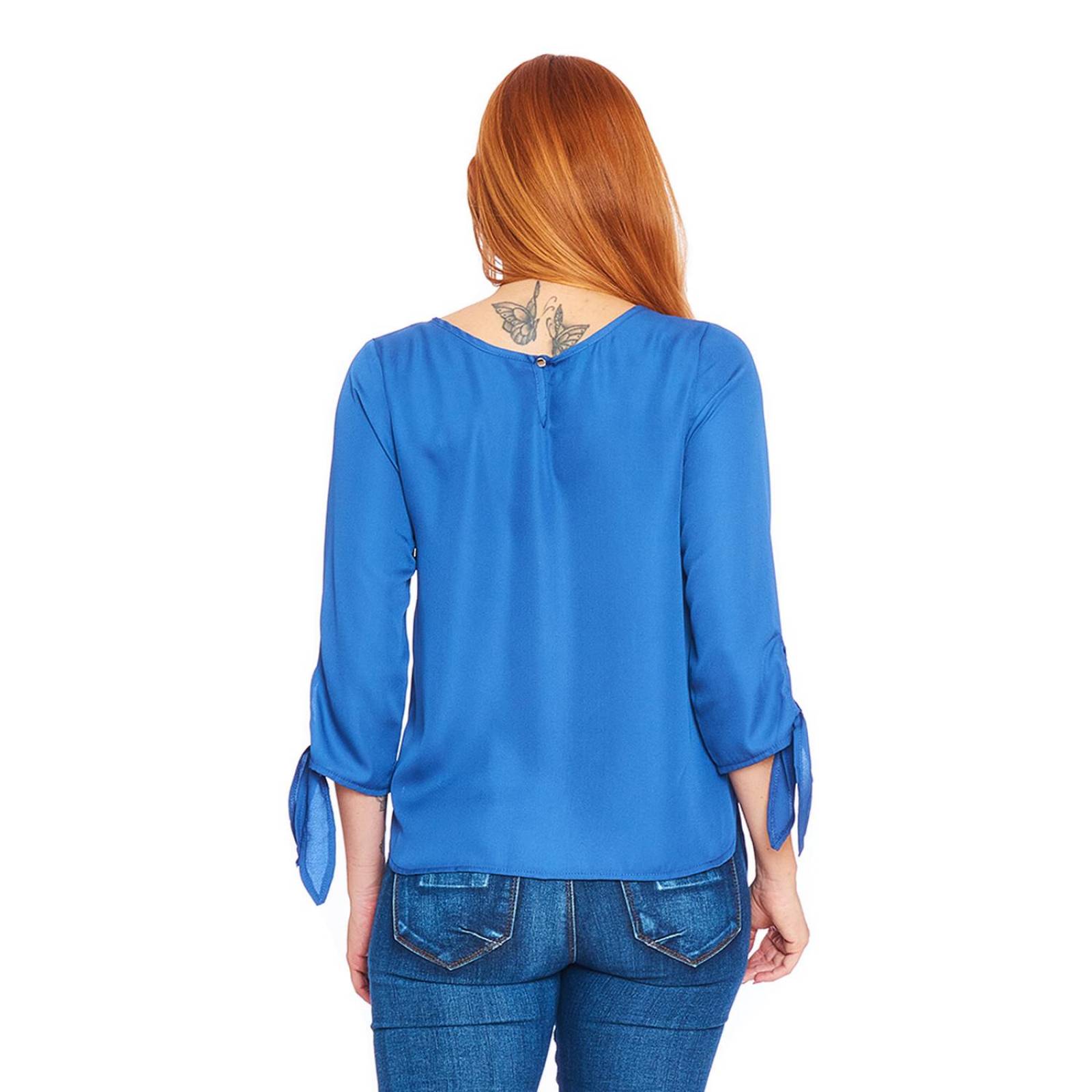 Blusa Manga 3/4 Mujer Con Nudo Azul Lisa Casual