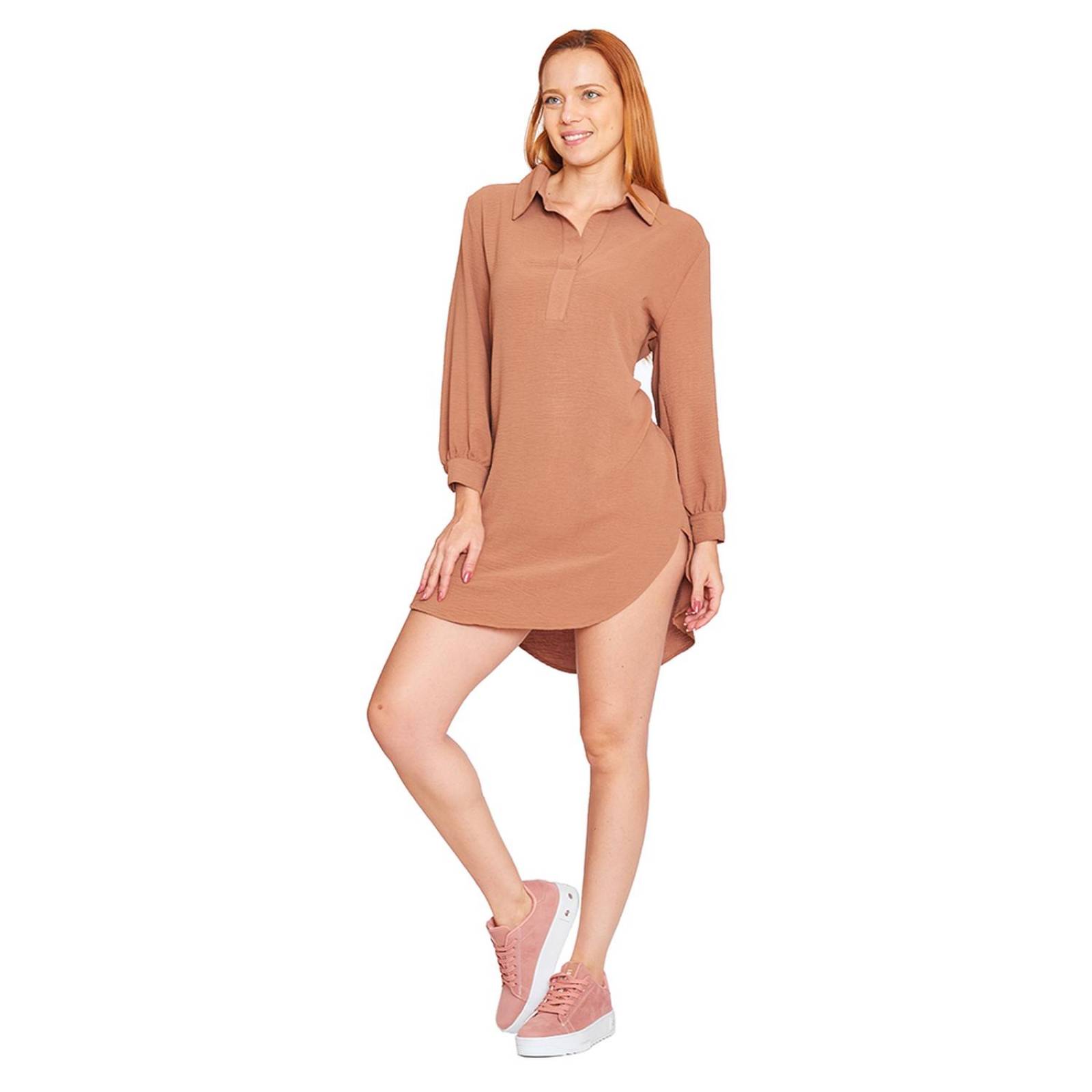 Vestido Camisero Mujer Manga Larga Camello Casual 